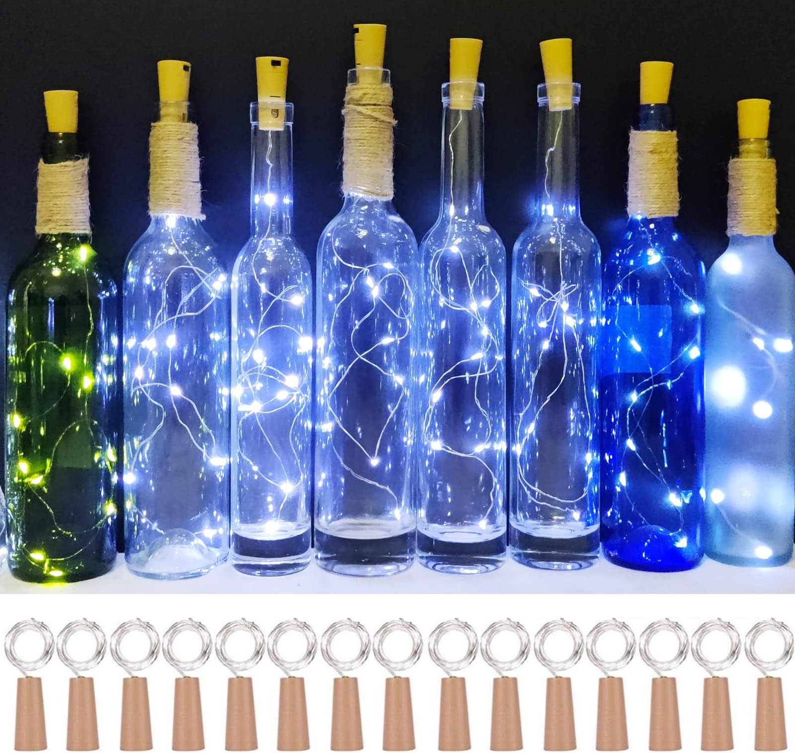 SmilingTown Wine Bottle Lights with Cork 15Pack 10 LED 40 Inches Battery Operated Silver Wire Liquor Fairy Mini String Lights for Party Christmas Halloween Wedding Decoration