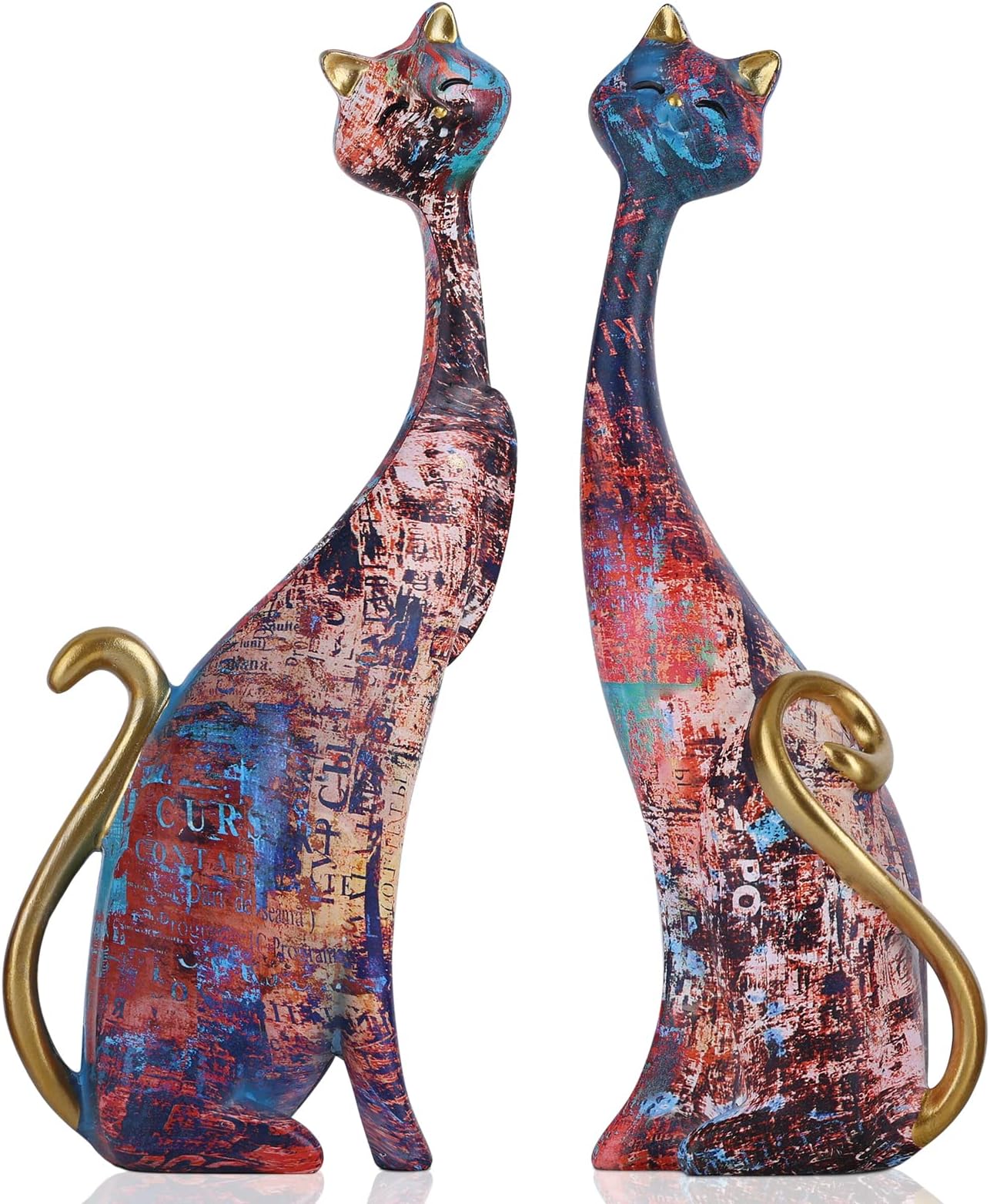 2 PCS Oil Painting Cat Statues Resin Cat Figurines Home Decor, Cat Sculpture for Home Office Decor, Couple Cat Statue for Living Room Bookshelf Desktop Decoration Wedding Gift First Choice