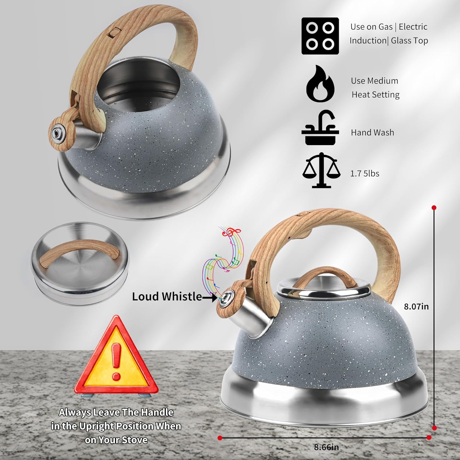 3 Quart Whistling Tea Kettle for Stovetop – Stainless Steel Teapot with Loud Whistle, Cool-Touch Wood Handle, Rust-Resistant Base & Natural Stone Finish (Gray)
