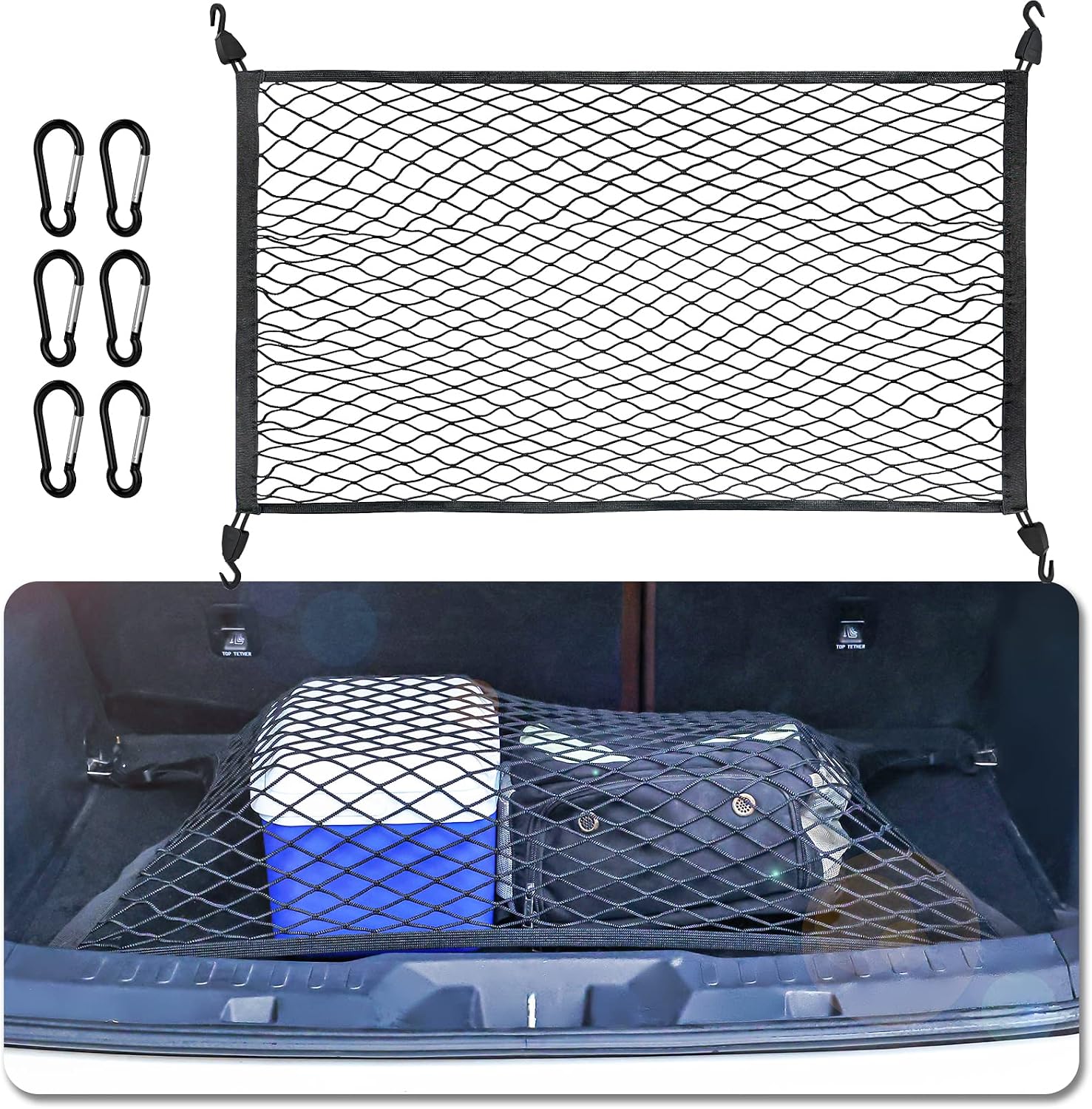 Filet De Rangement Pour Coffre De Voiture 90x30 Cm (Étirable) - 4 Crochets Inclus - Nylon Élastique Pour SUV, Fourgon, Bateau, Maison