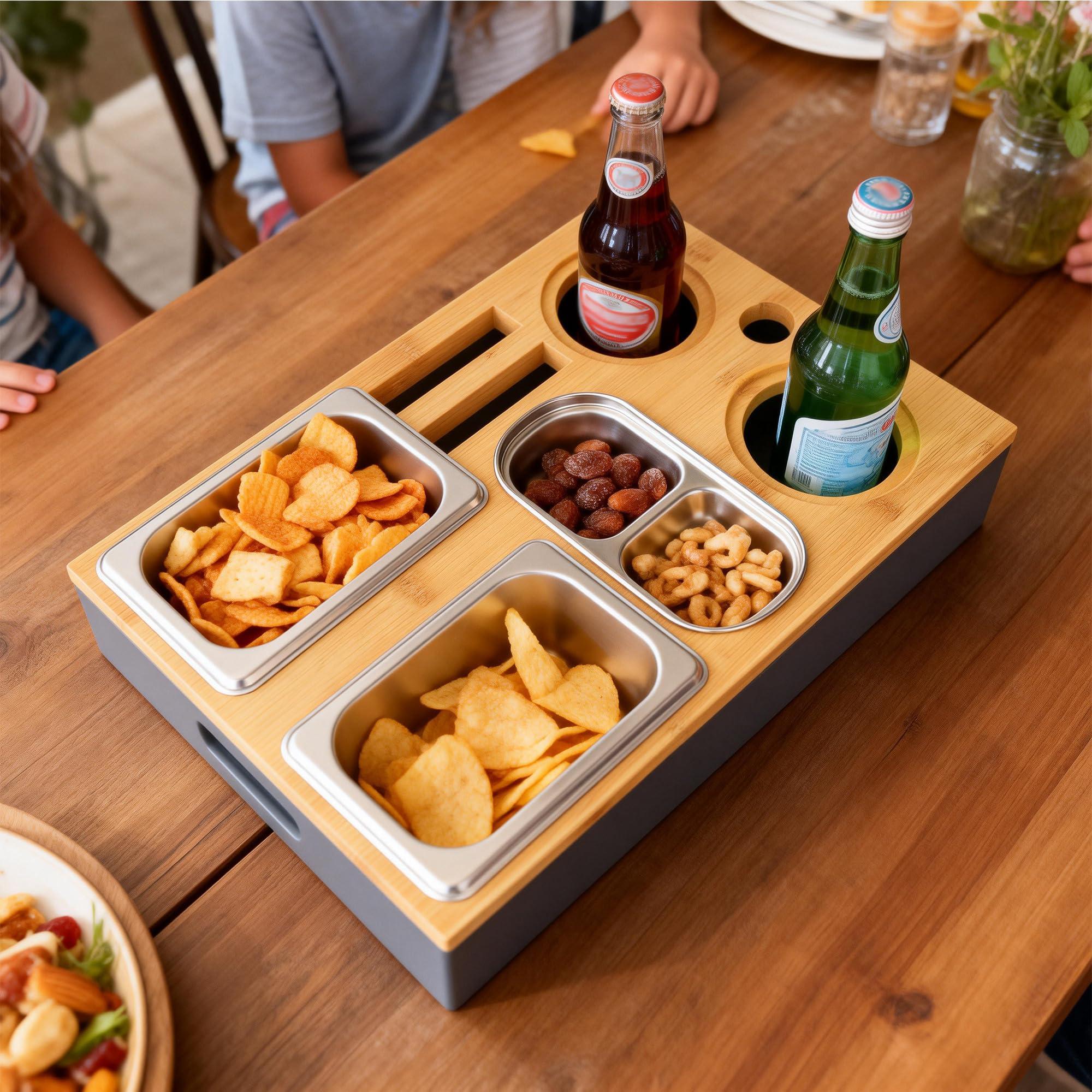 Vassoio Legno,Pratico Vassoio da Divano con Ciotole per Snack,Vassoio da Portata,Contenitore per Snack da Divano per il Divano del Soggiorno, il Giardino, il Campeggio