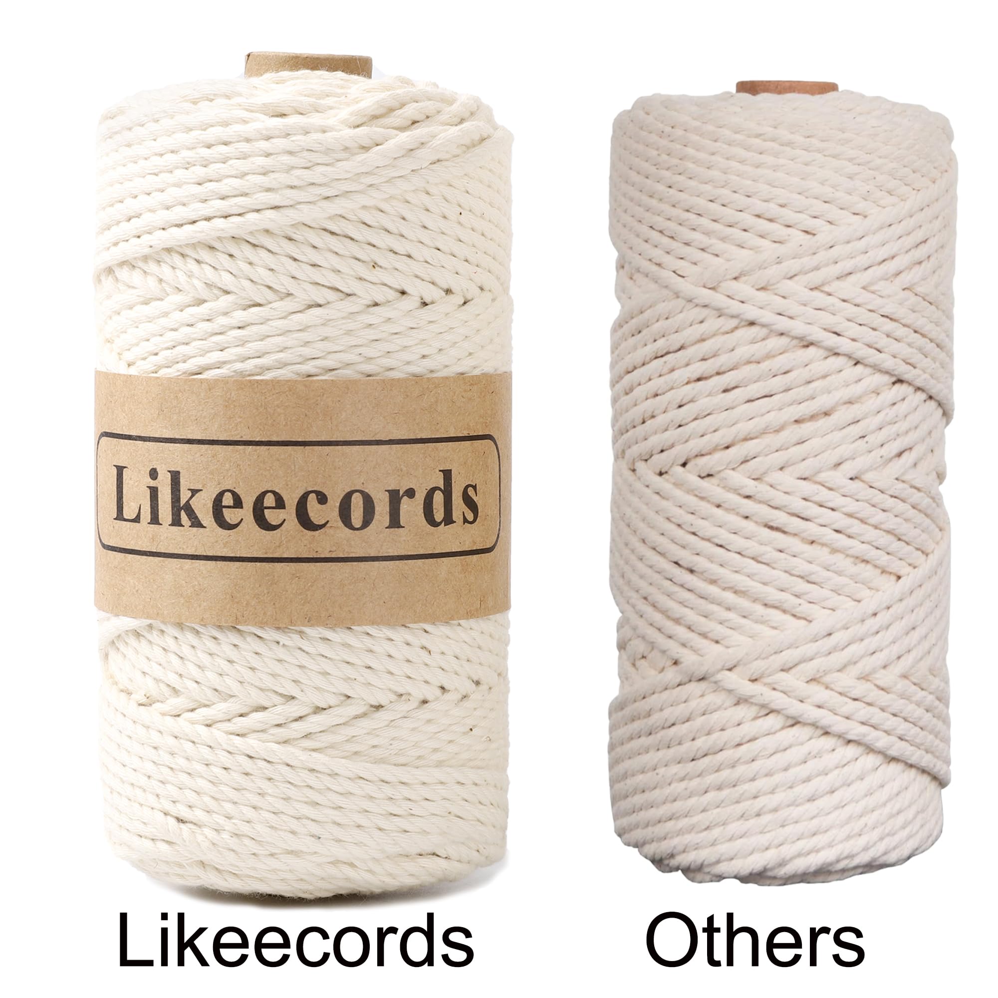 Likeecords Lot de 2 rouleaux de cordon en coton pour macramé, 3 mm x 100 m, 3 brins torsadés, fil pour macramé, fil pour macramé, cordon artisanal, pour tricot, suspension de plantes, décoration de