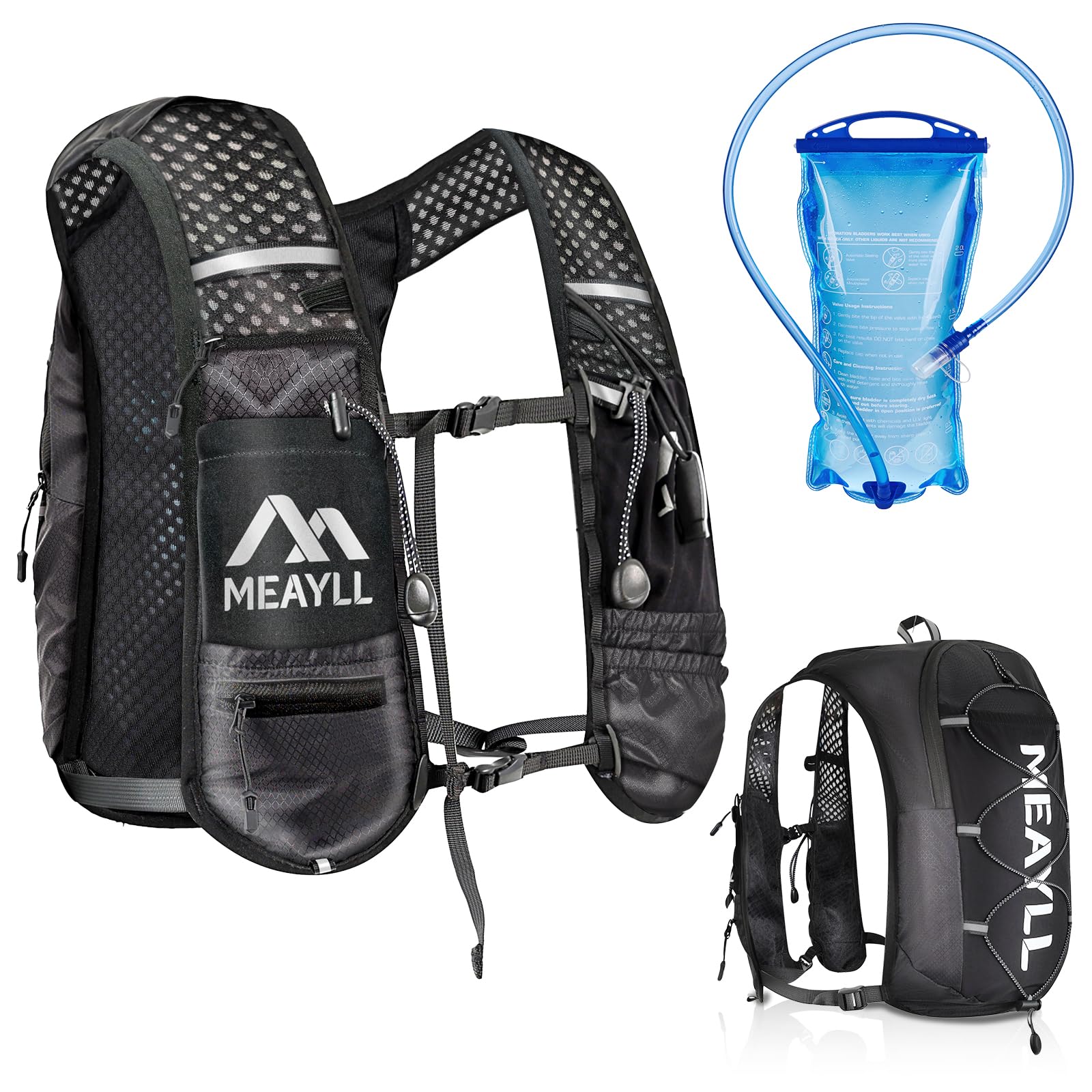 Laufweste mit 1L Trinkblase für Damen Herren, Leichter und Atmungsaktiver Laufrucksack mit reflektierenden Streifen und 9 praktischen Taschen 5 L, Verstellbare Schwarze Trinkweste