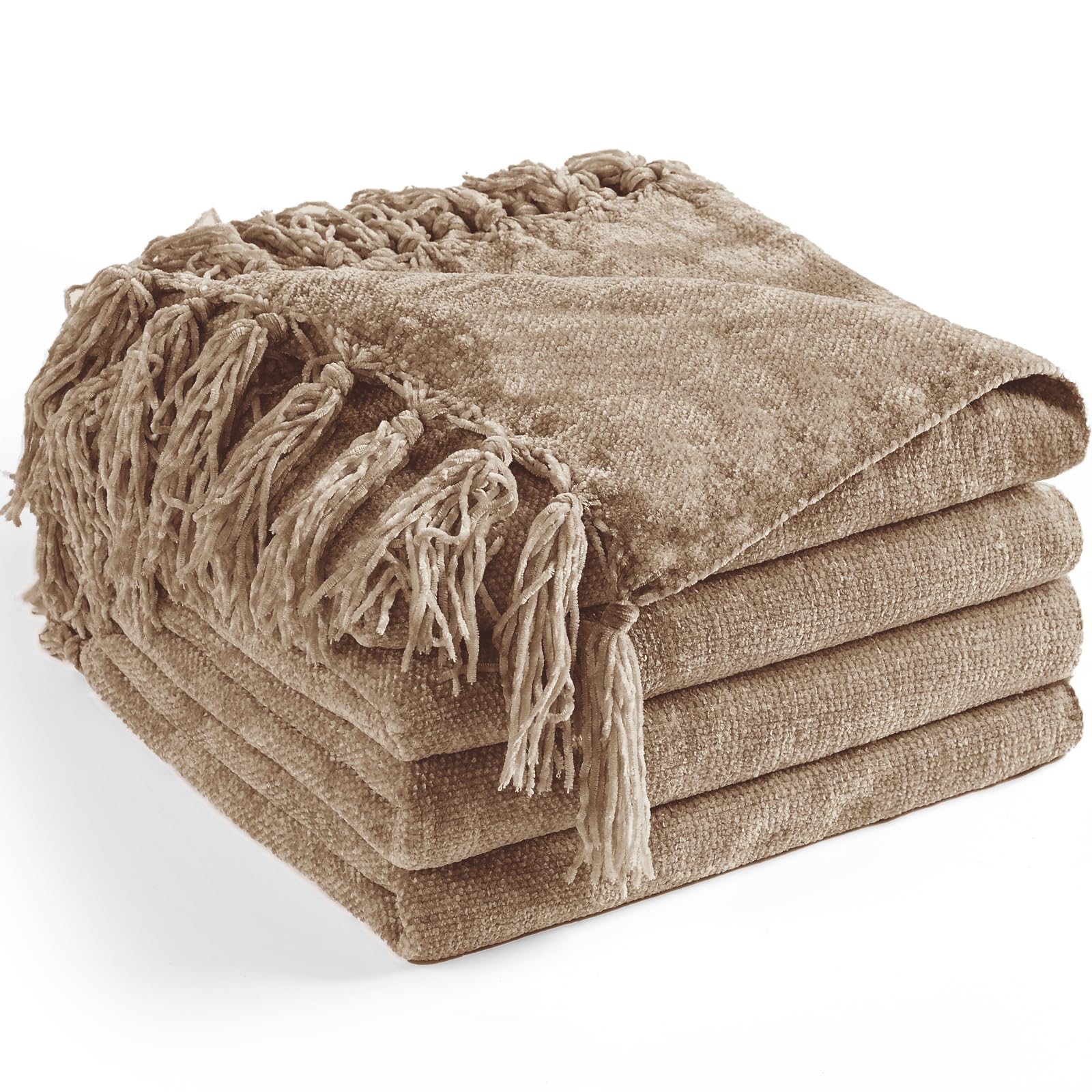 Chenille Throw Blanket for Couch 60"X 80" Twin, Soft Cozy Throws with Fringe Tassel for Bed Sofa Chair Cover, Lightweight Knitted Decorative Boho Blankets for Living Room, Taupe