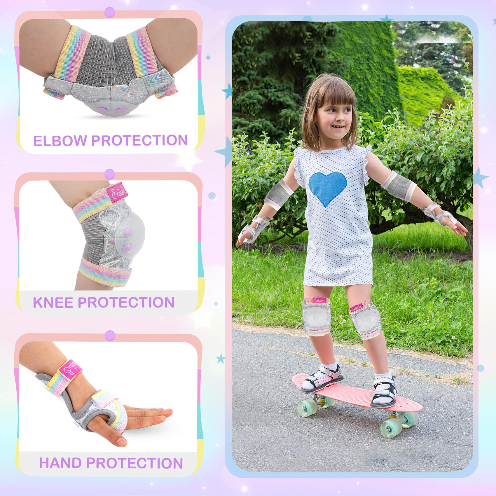 TOUTSEUL Girls Knee Pads and Elbow Pads Set Kids Unicorn Protective Gear for Roller Skates Cycling Bmx Bike Skateboard Inline Rollerblading, Skating Skatings Scooter Riding Sport(Silver C)