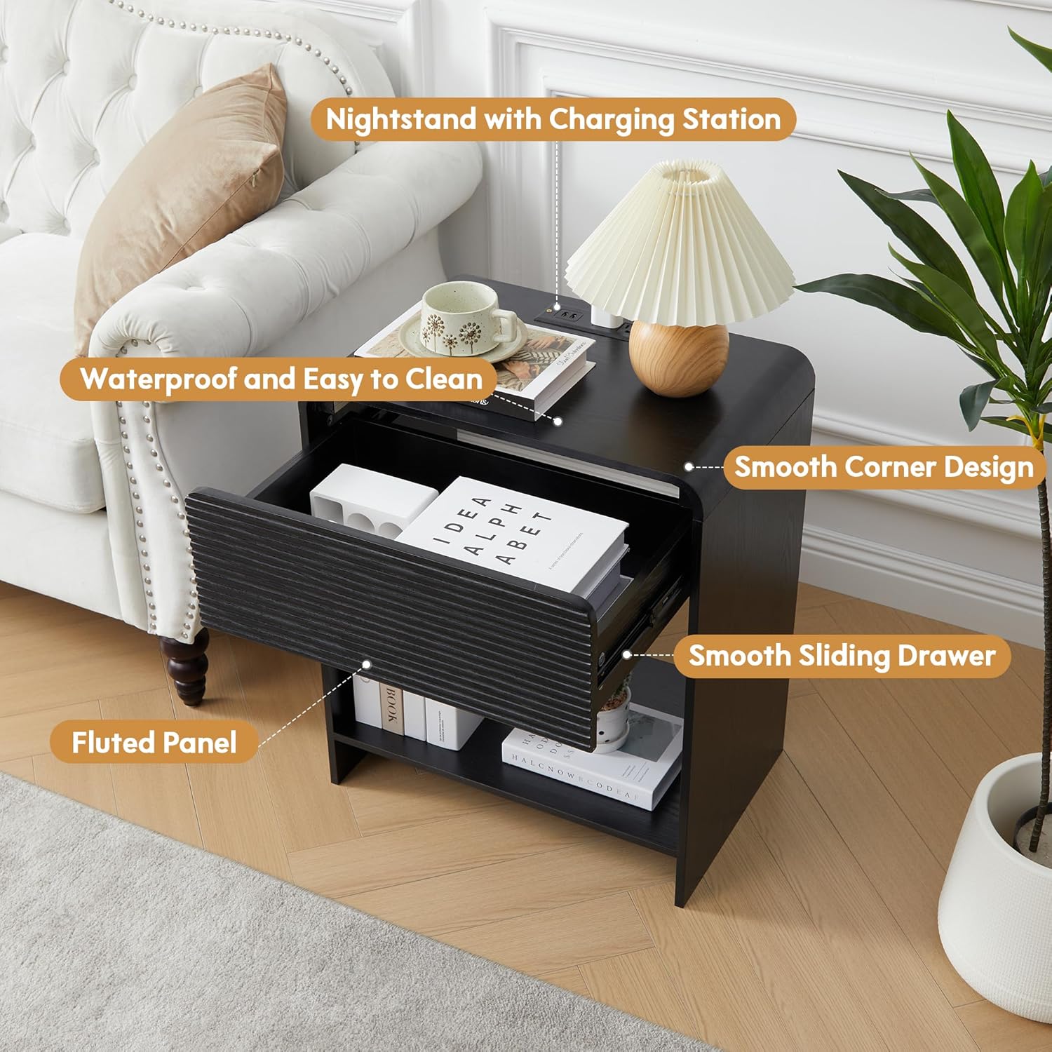 The XUZENEST Fluted Nightstand with its drawer partially open, highlighting features like the fluted panel, smooth corner design, and smooth sliding drawer. A lamp and charging station are visible on top.
