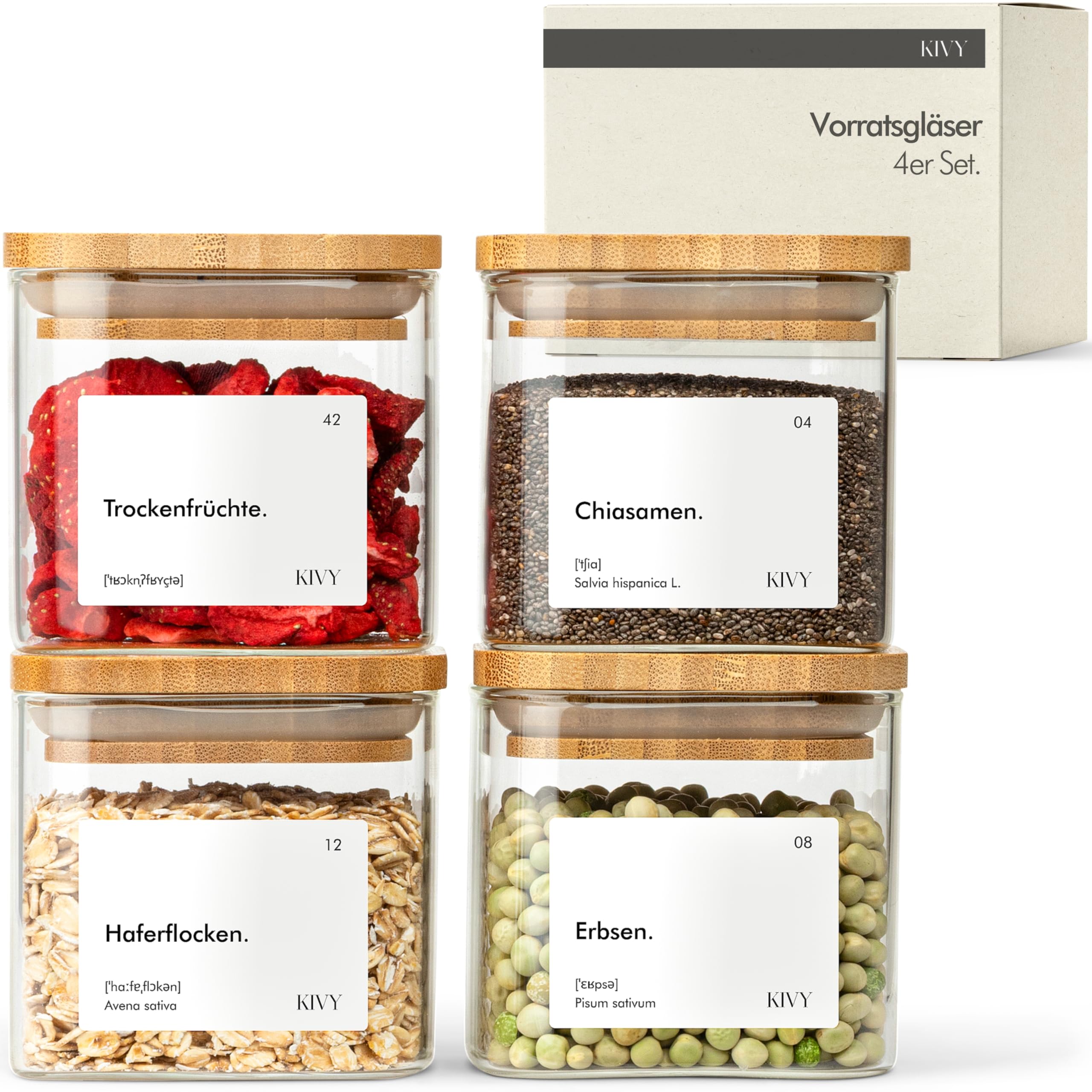 KIVY Vorratsgläser eckig [4x400ml] + Etiketten - Stapelbare & Luftdichte Aufbewahrungsgläser mit Deckel - Kleine Vorratsgläser mit Holzdeckel - Eckige Vorratsdosen mit Deckel Luftdicht Glas