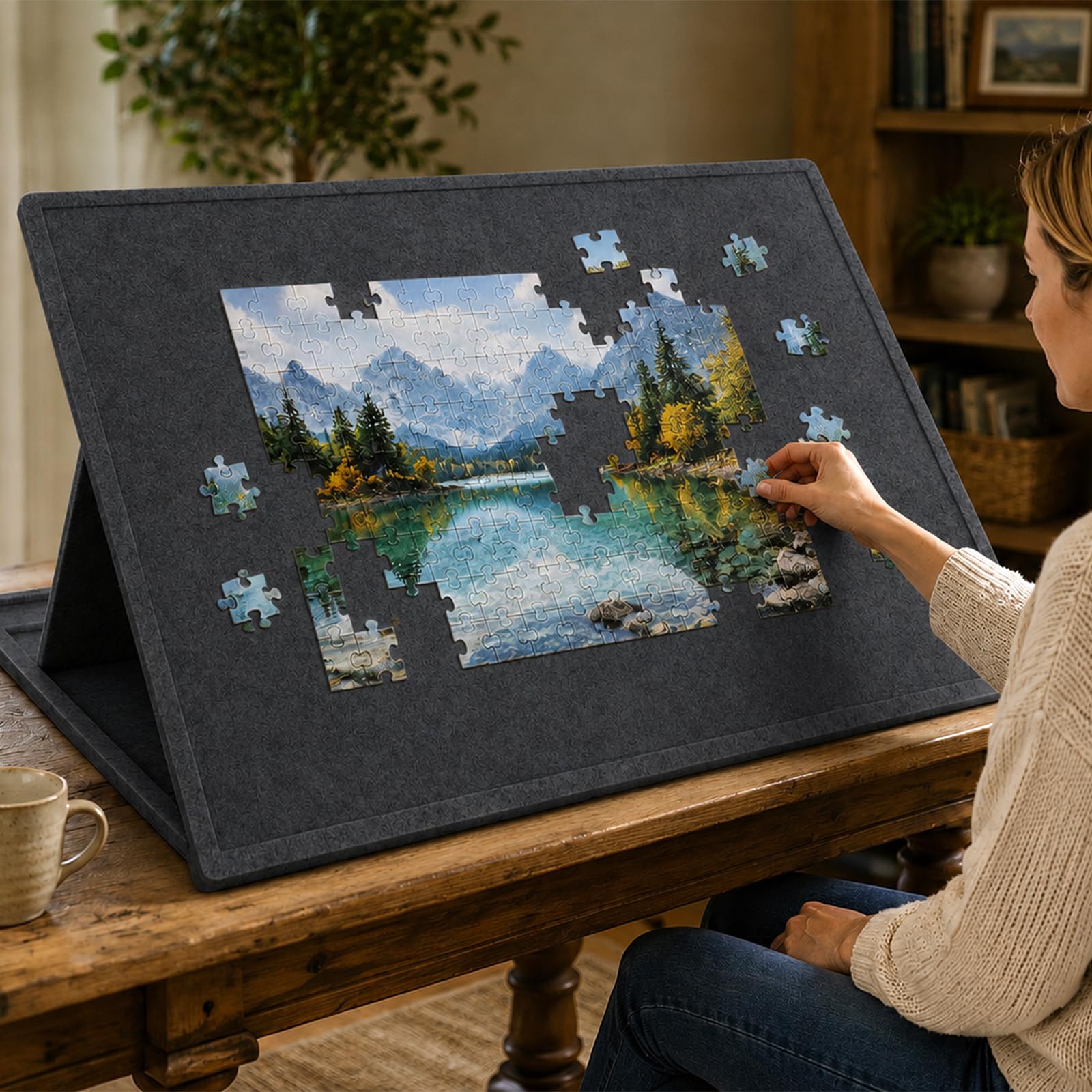 Składany stół do puzzli z 3 kątami nachylenia, 78 x 55 cm, na 1000 części, z 6 kolorowymi tacami do sortowania i rolką z filcu ochronnego, ergonomiczny stół puzzli, pyłoszczelny, antypoślizgowy i