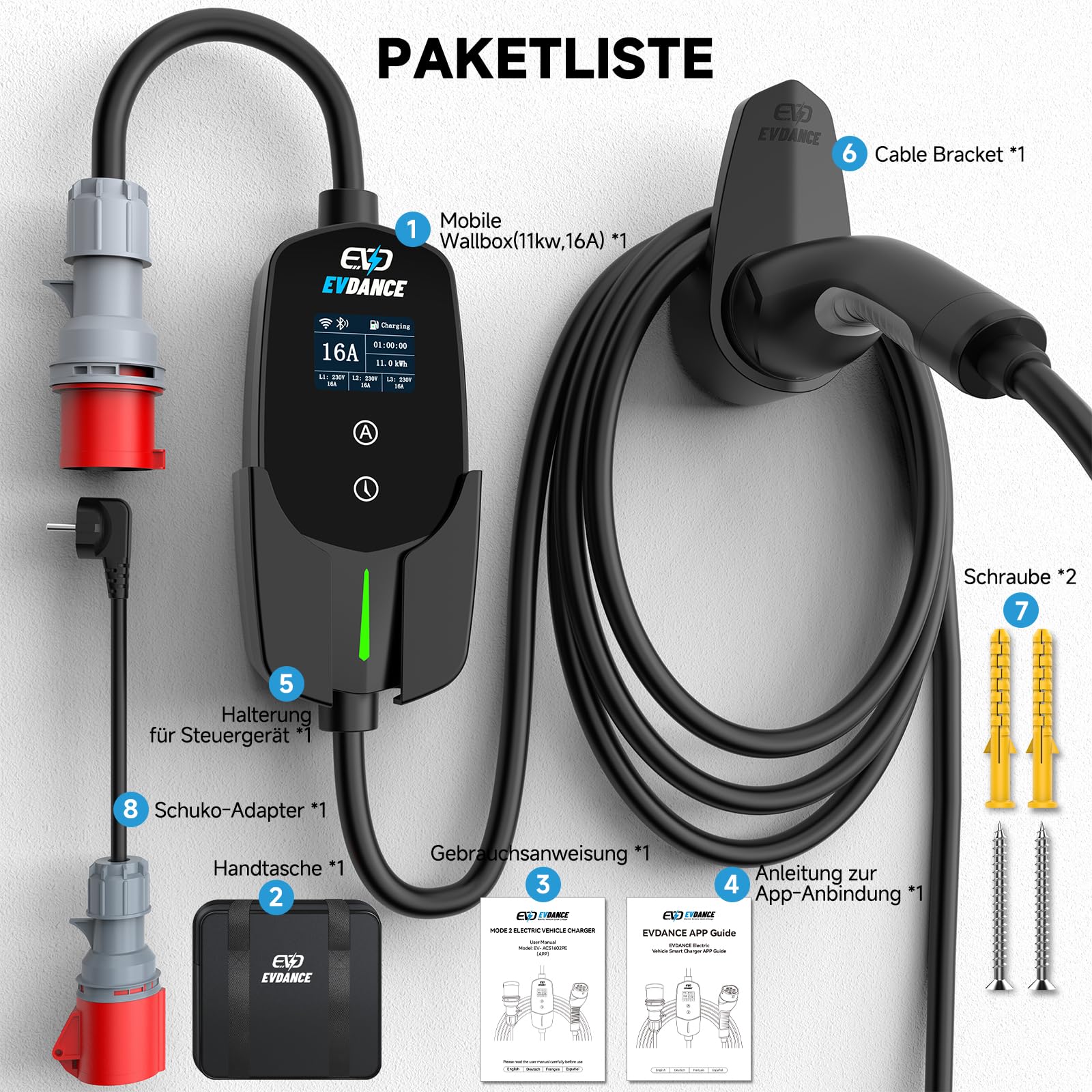 EVDANCE Mobile Wallbox 11kW mit App, 400V (6-16A) 3 phasig 7,8M Mobile Ladestation CEE Typ 2 Ladekabel IP66 mit Einstellbarer Ladeleistung, EV-Charger für Elektroauto & Hybrid(PHEV/EV)