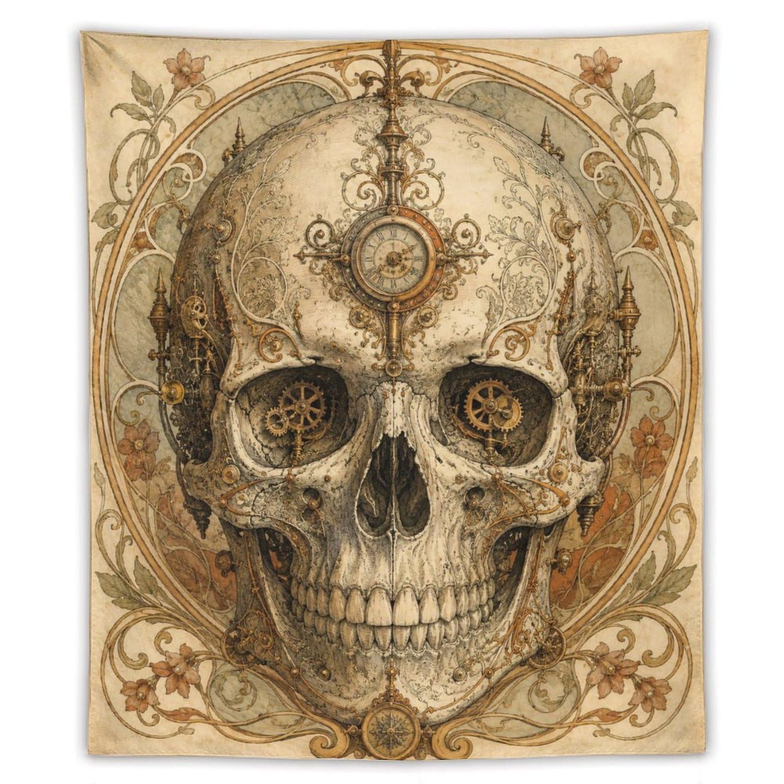 H3B8U2Y5 Clockwork Skull Wall Tapestry, Gothic Oil, College Dorm
