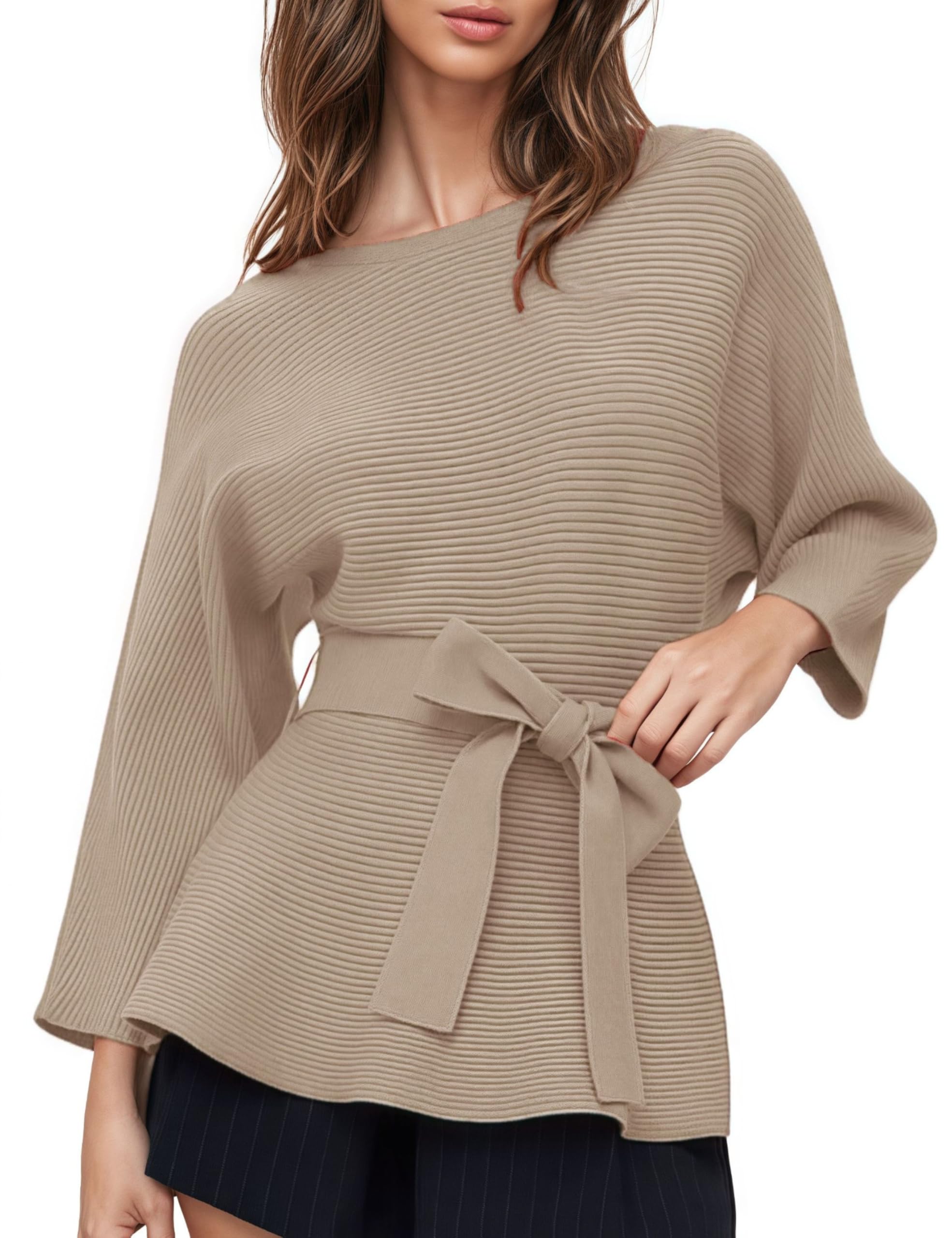Womens 3 4 Sleeve Pullover Sweater Casual Boat Neck Bow Belt Sweater Sexy Fall Knitted Tops
