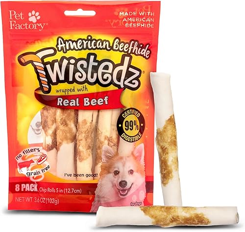Pet Factory Twistedz American Beefhide - Rollos de papas fritas de 5 pulgadas para perros con envoltura de carne de res real, 8 unidades, 1 paquete