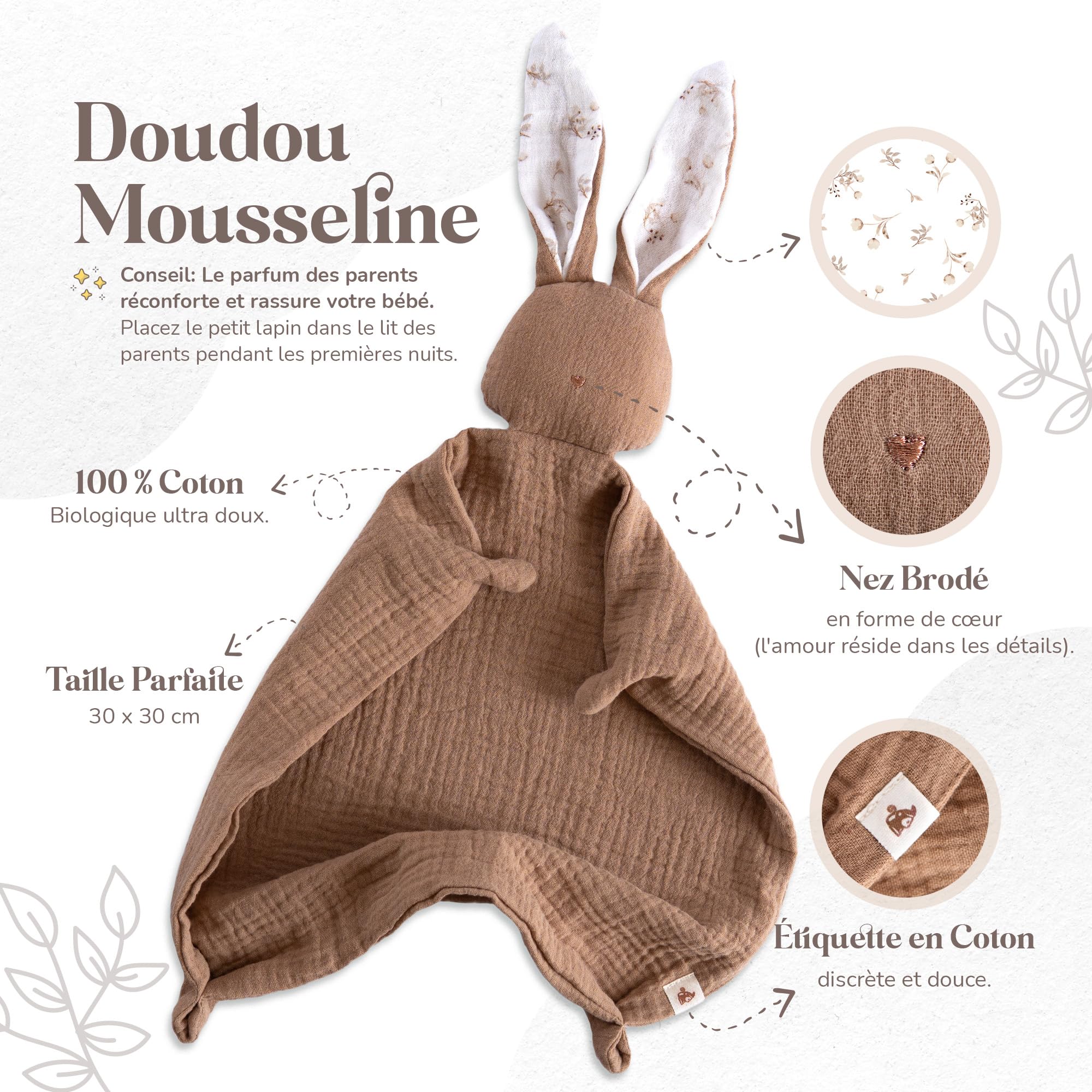 Mikito - Doudou 30x30 cm en Coton Bio - Langes en Coton - Parfait pour Envelopper Votre Nouveau-Né - Cadeaux Originaux pour Les Nouveaux-Nés (Taupe)