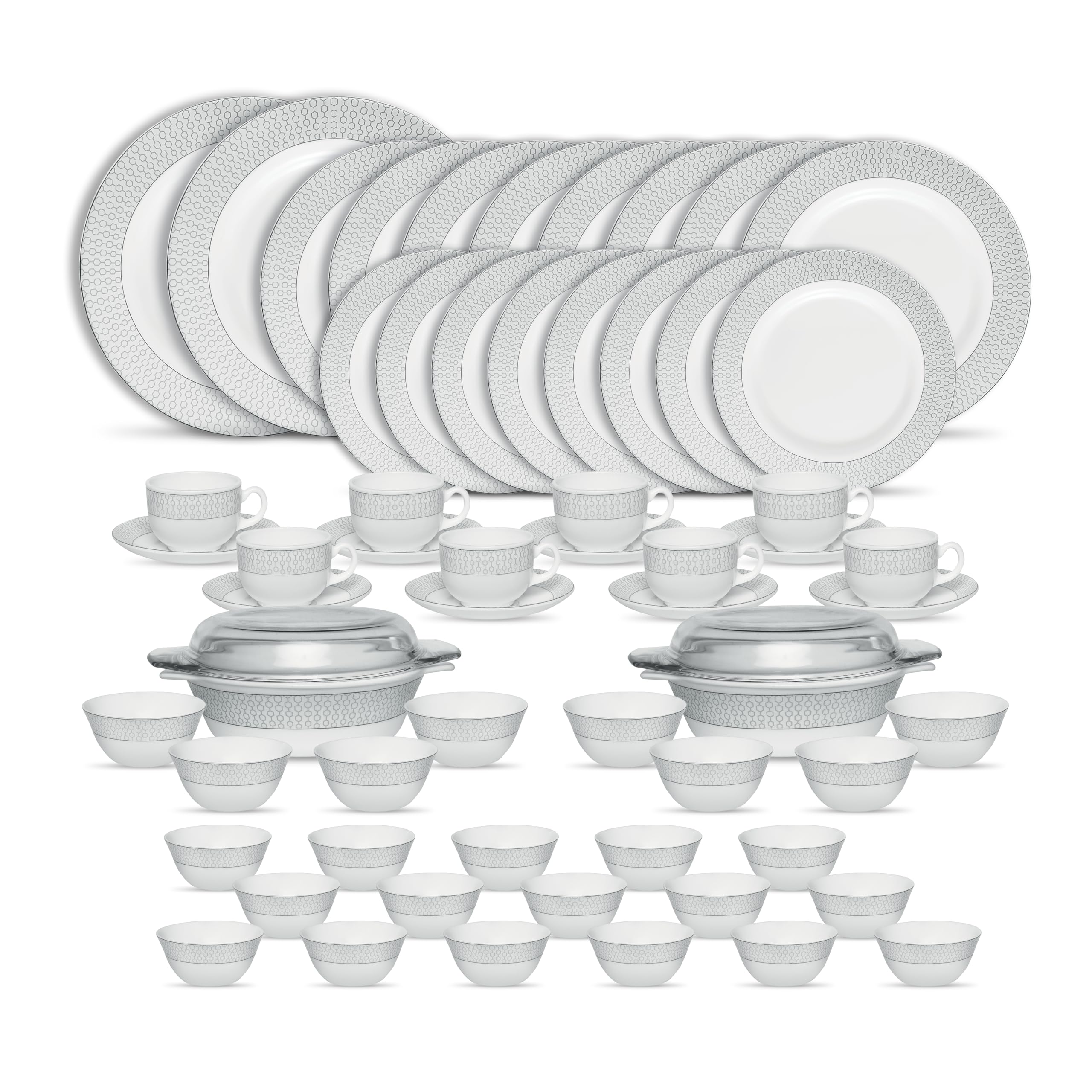 La Opala Diva Velvett Collection Opal Glass Crockery | for Family of 8 | Dinner Set 62 pcs Stella Grey | Plates & Bowls for Dining | Microwave Safe | 100% Vegetarian | Extra Strong | Light & White