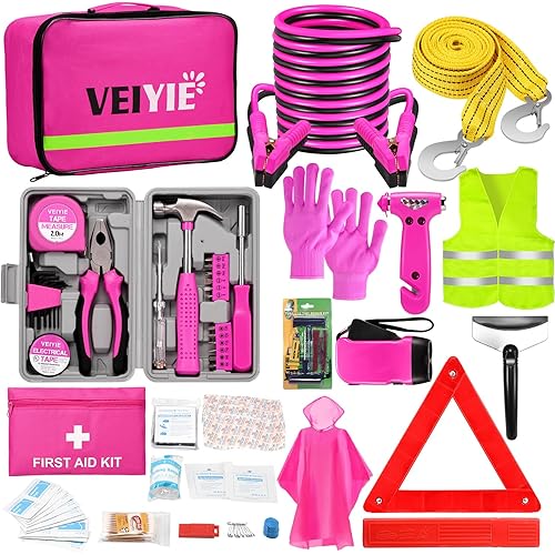 Roadside Emergency Car Kit for Vehicles, Pink Car First Aid Kit Emergency Kit with Jumper Cables, Car Safety Kits, Tow Strap, Tool Kit, Road Trip Assistance for Men, Women, New Driver Gifts