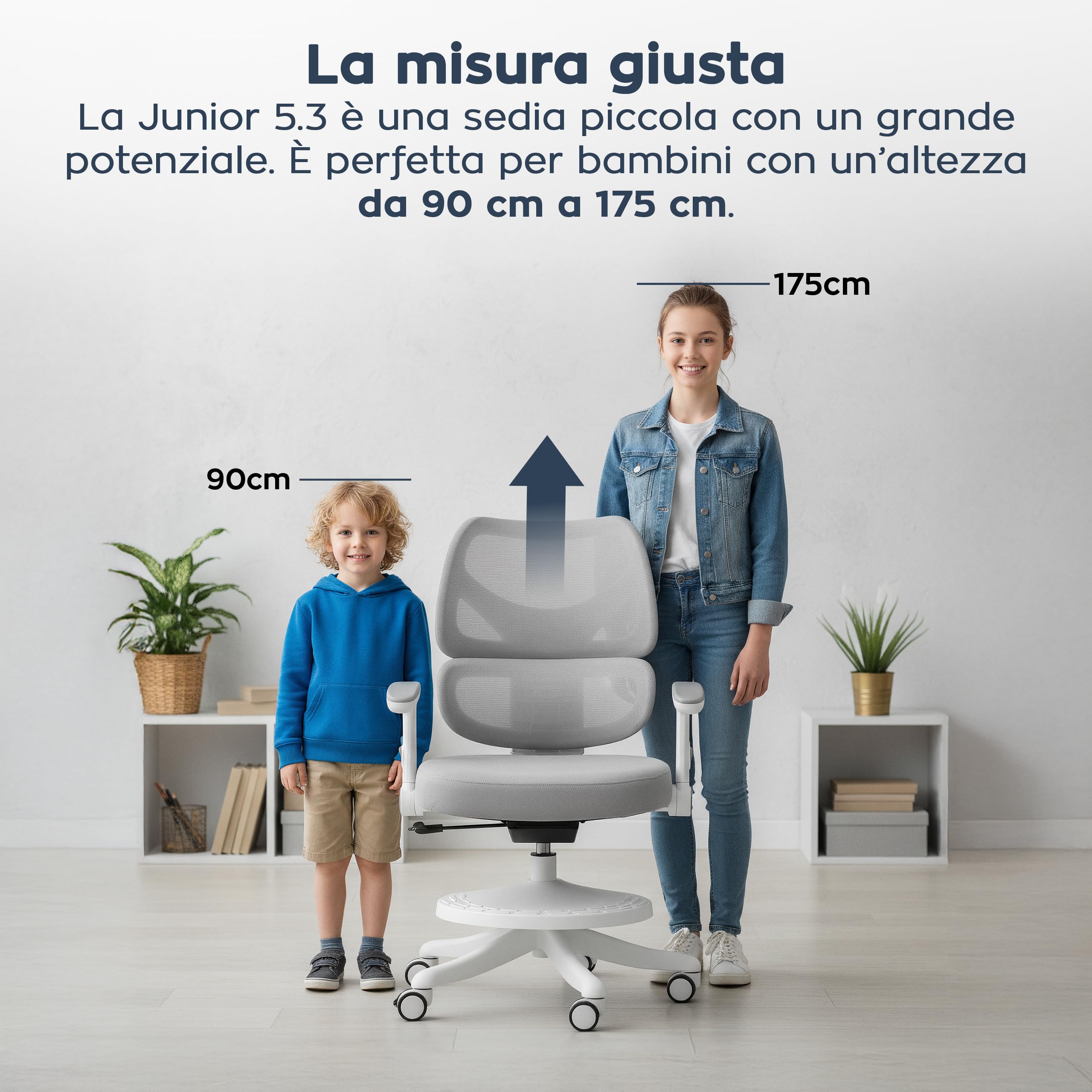 MARK ADLER Junior 5.3 – Supporta la postura durante studio e compiti – Ideale per cameretta bambini e ragazzi – Cresce con il bambino fino a 175 cm – Stabilità e comfort quotidiano – Grigo