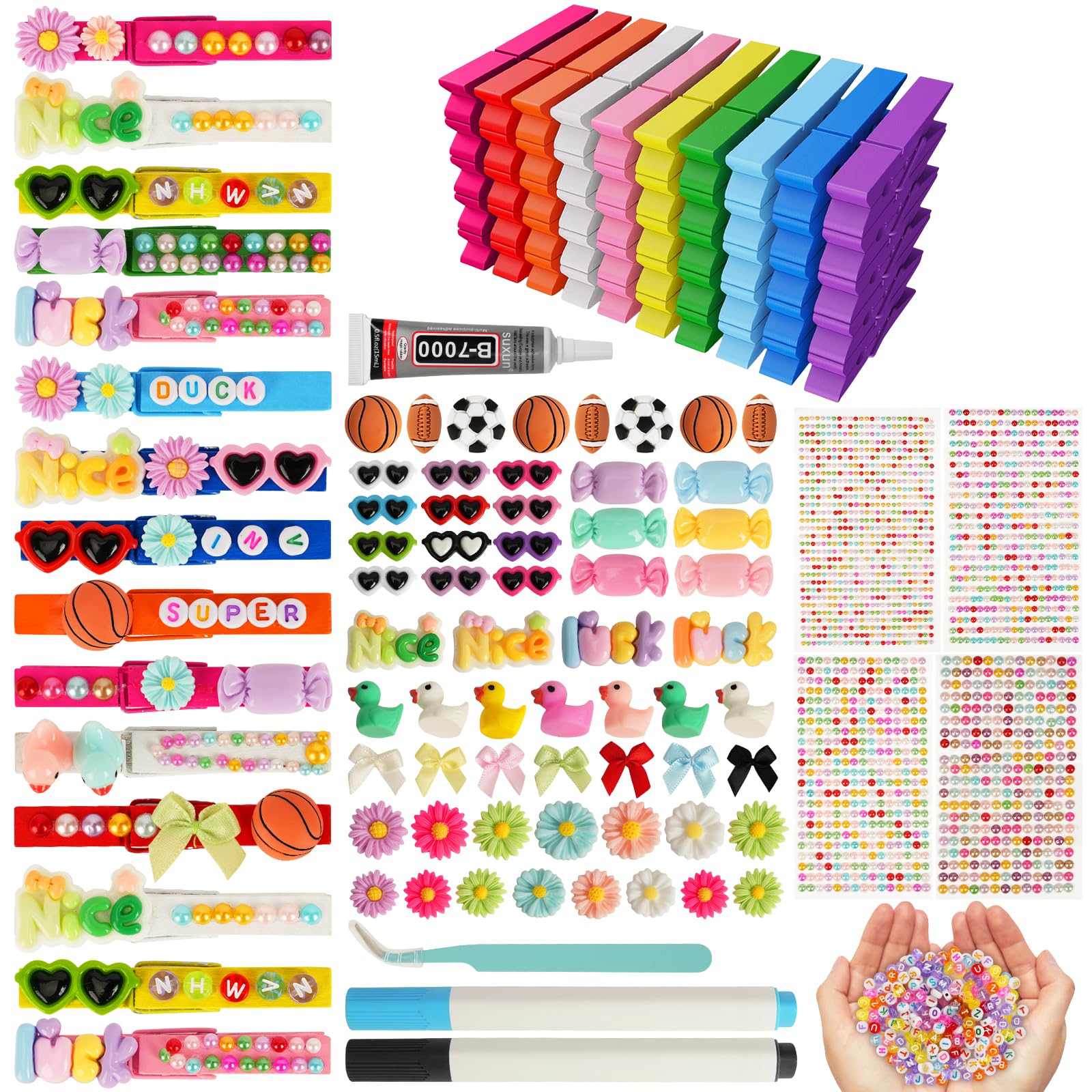 Photo 1 of 100 Set Cheer Pins Spirit Clips, Wooden Colored Clothes Pins with Tools,Cheer Pin Kit 180 Mini Bows Ducks Daisy Balls 300 Letters 4 Stickers, DIY Custom Pins for Backpack Team Cheerleader Gifts