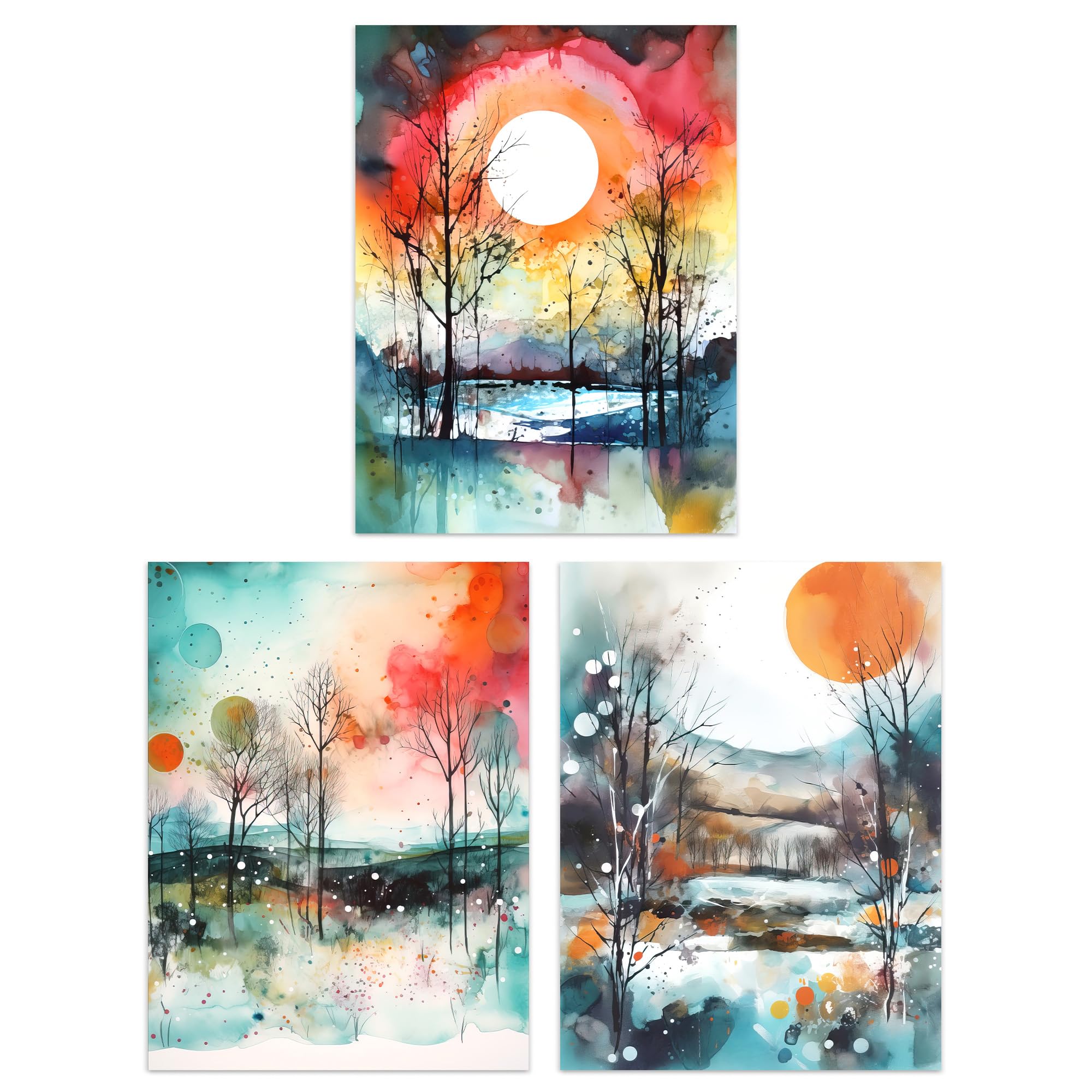 Artery8 Winter Sun & Moon - Set Of 3 Set Of 3 Winter Countryside Landscape Watercolour Paintings Sun And Moon Dawn And Sunset Snow Unframed Wall Art Living Room Poster Prints Pack