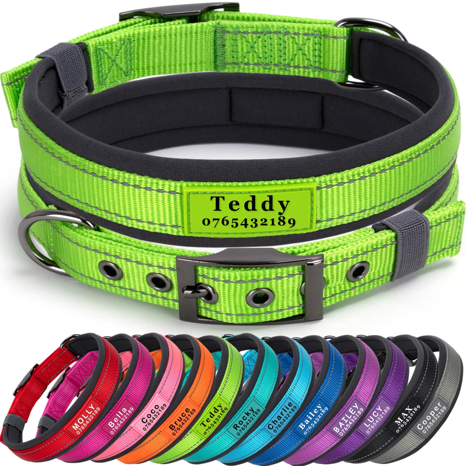 SEOUGEE Personalised Dog Collar with Name and Phone Number | Durable Metal Buckle | Ultra Wide Soft Neoprene Padded | Adjustable Reflective Dog Collar for Medium Large Dogs (XL, Green 57-67cm)