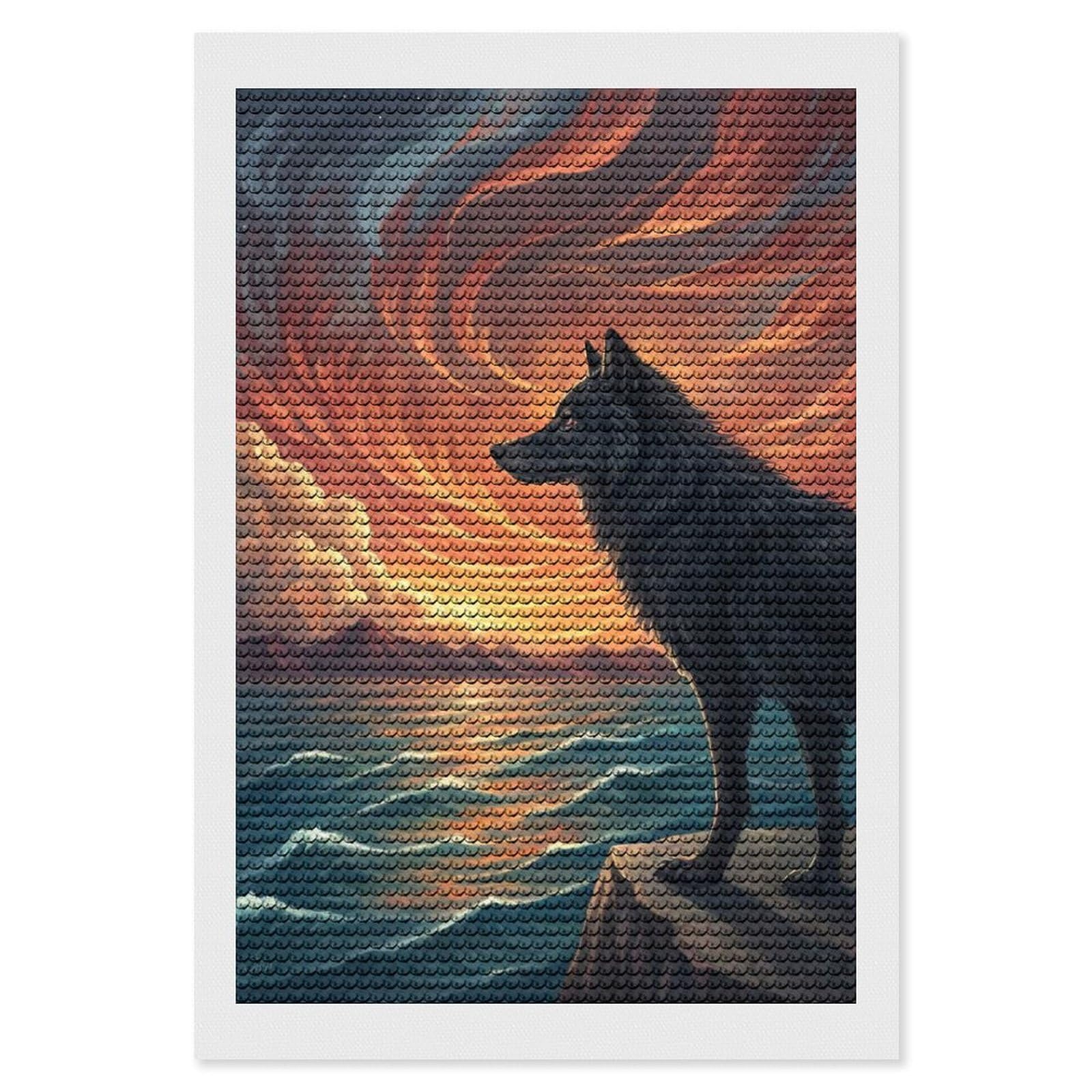 Junmoney Wolf Overlooking A Dramatic Sunset Over The Ocean Round Drill Diamond Painting 8"x12", Satisfying Creative Project, Complete Accessories, Printed Canvas