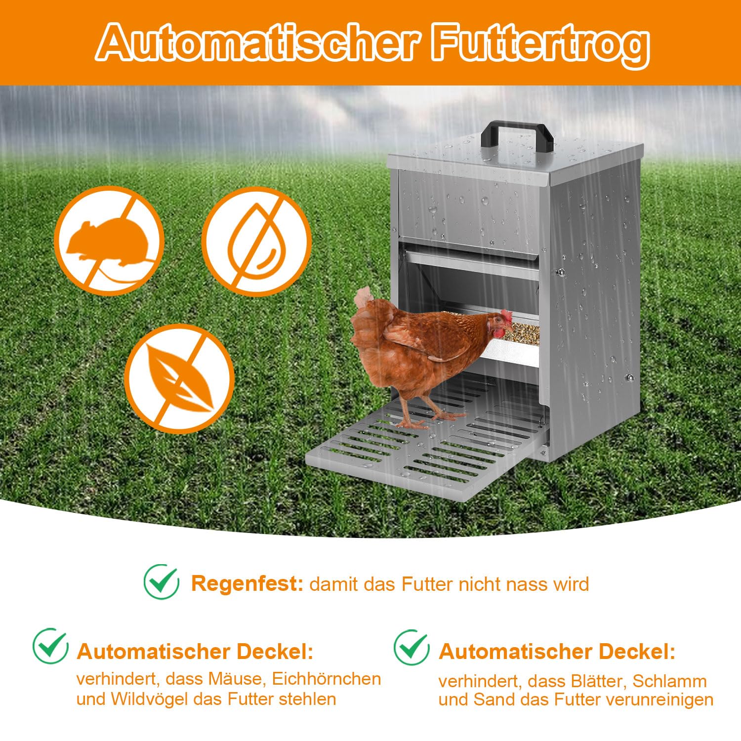 3 comederos automáticos para pollos con placa de estribo, tapa, 5 kg galvanizado, comedero para pollos, resistente al agua, comedero para gallinas, accesorio ideal para gallinas