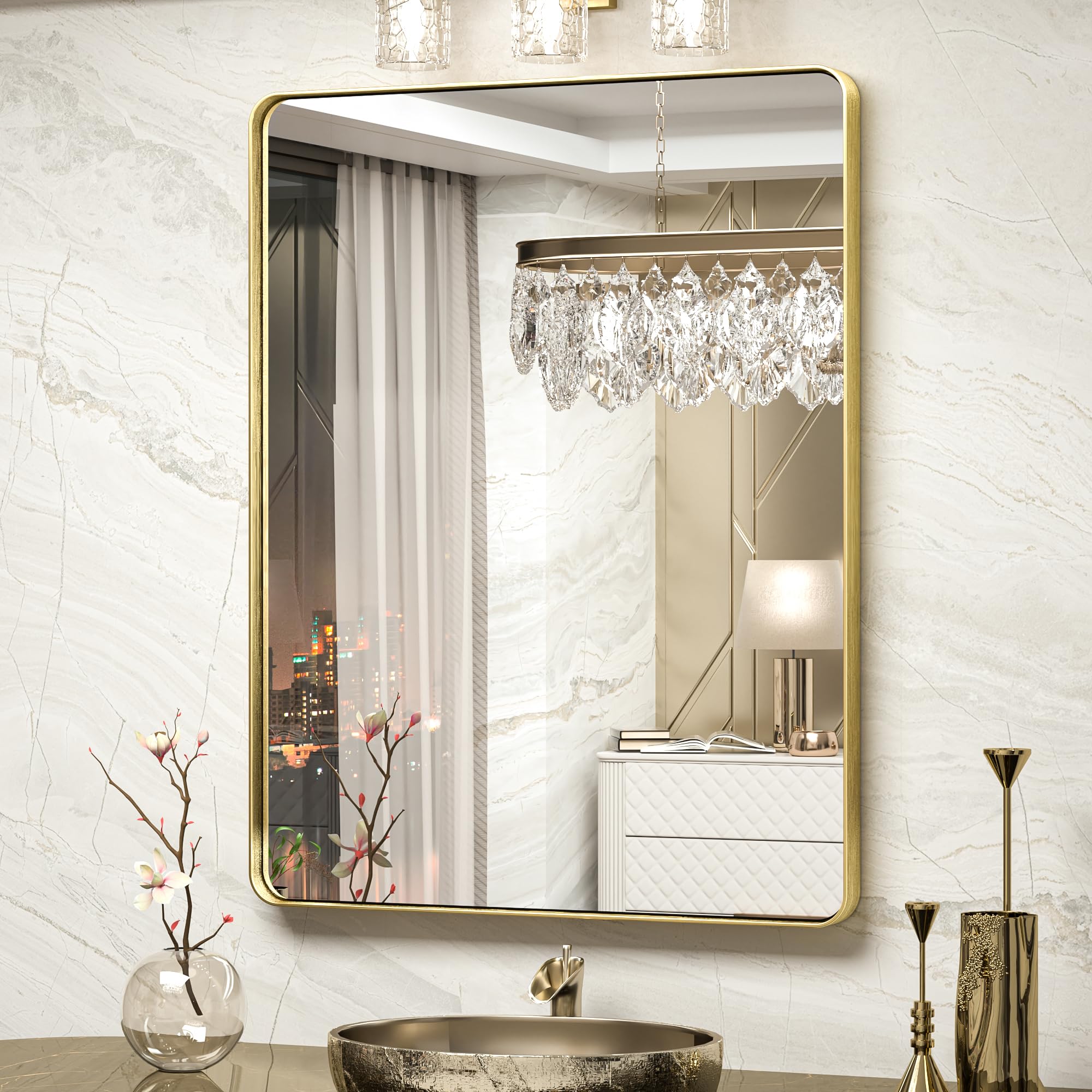Photo 1 of TokeShimi 28x36 Inch Gold Bathroom Mirror for Wall Metal Rounded Corner Rectangle Mirror Metal Frame Deep Set Design Hangs Horizontal Or Vertical