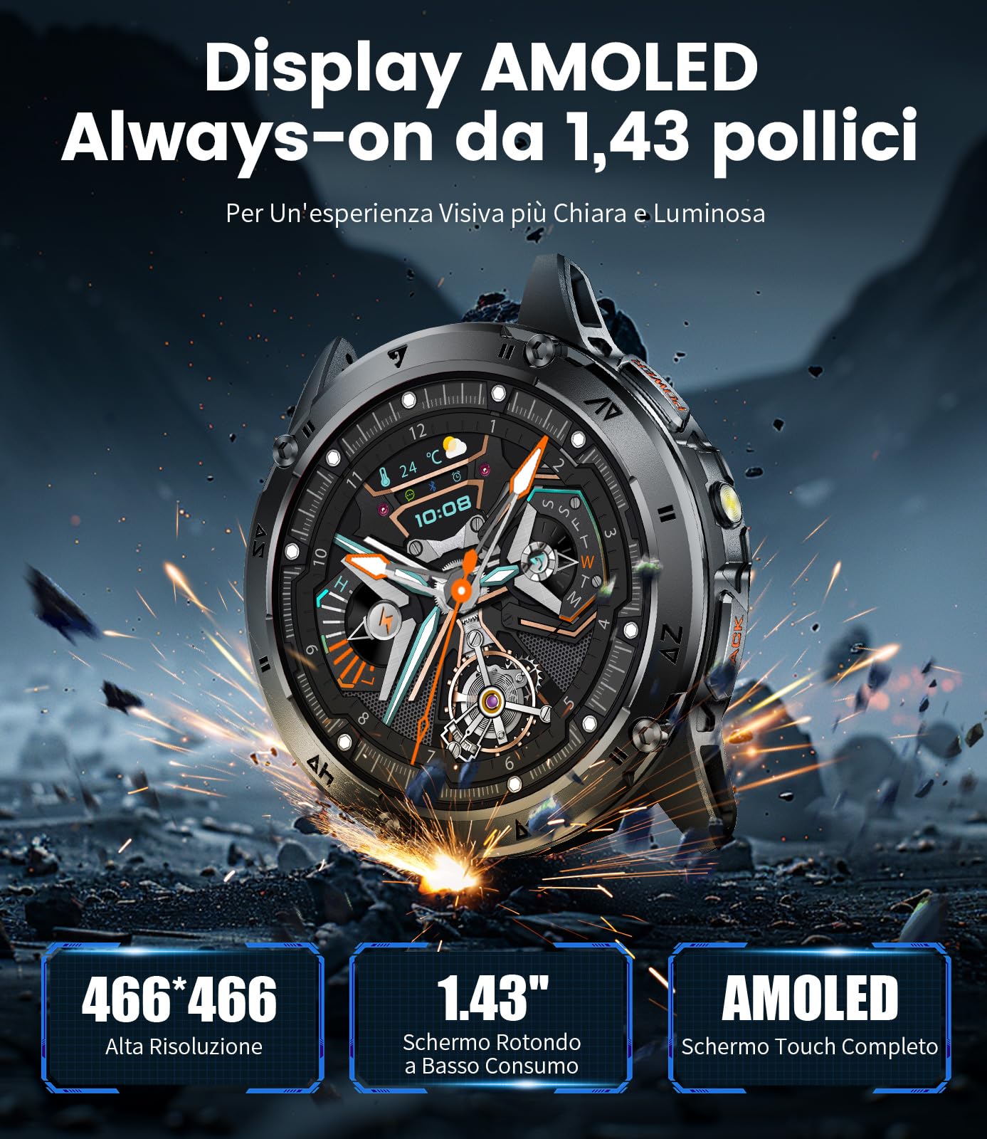 Smartwatch Uomo con Chiamate Bluetooth, Orologio Smartwatch Uomo 1.43'' HD AMOLED, Monitor Cardiofrequenzimetro, Sonno, SpO2, 110+ Sport, IP68 Impermeabile per Android iOS