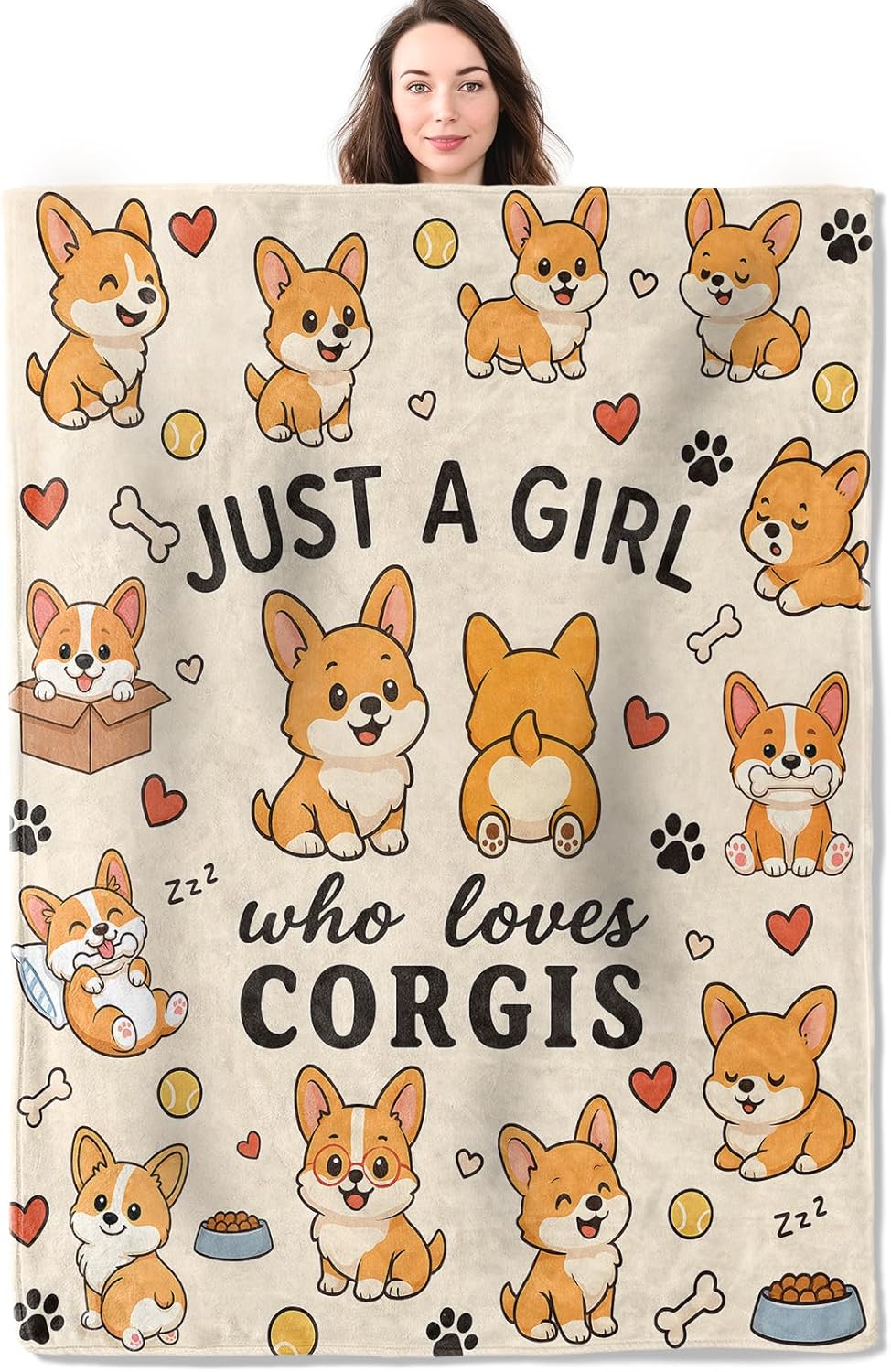 Cute Cartoon Corgi Throw Blanket, Funny Dog and Bone Flannel Blankets Gifts for Boys Girls Women and Pet Lovers, Home Decor Throws for Couch Bed Camping Travel Living Room Bedroom, 50x60 Inch