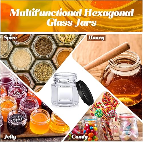 Miniatura 5 de Nuogo Paquete de 100 mini tarros hexagonales de vidrio de 1.5 onzas a granel para bodas, pequeños frascos de miel con tapas para enlatado de