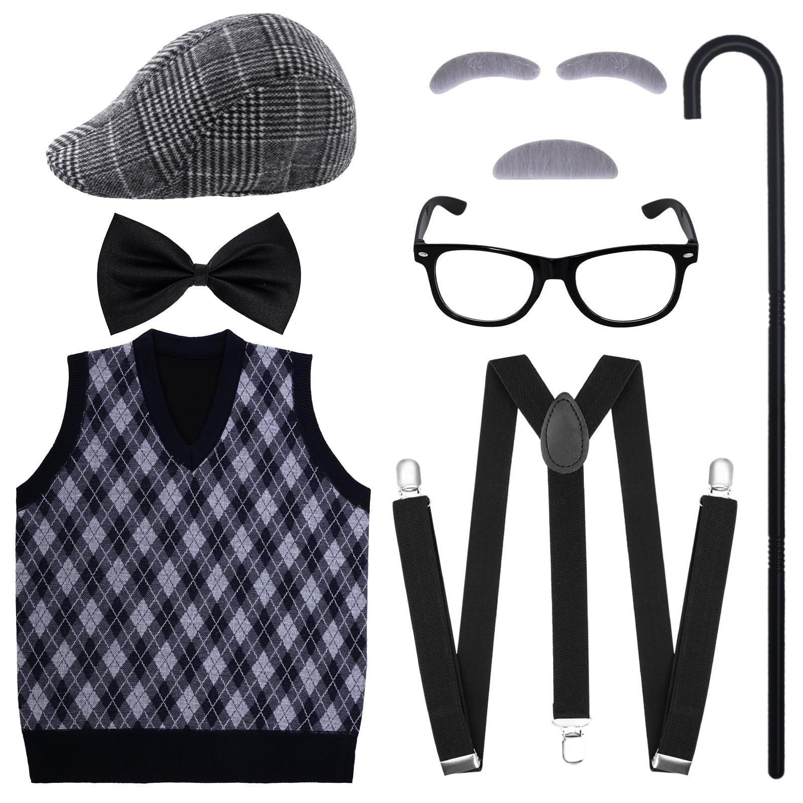 7Pcs 100 Days of School Men Costume 100 Days of School Man Costume for Halloween Grandpa Costume 1920s