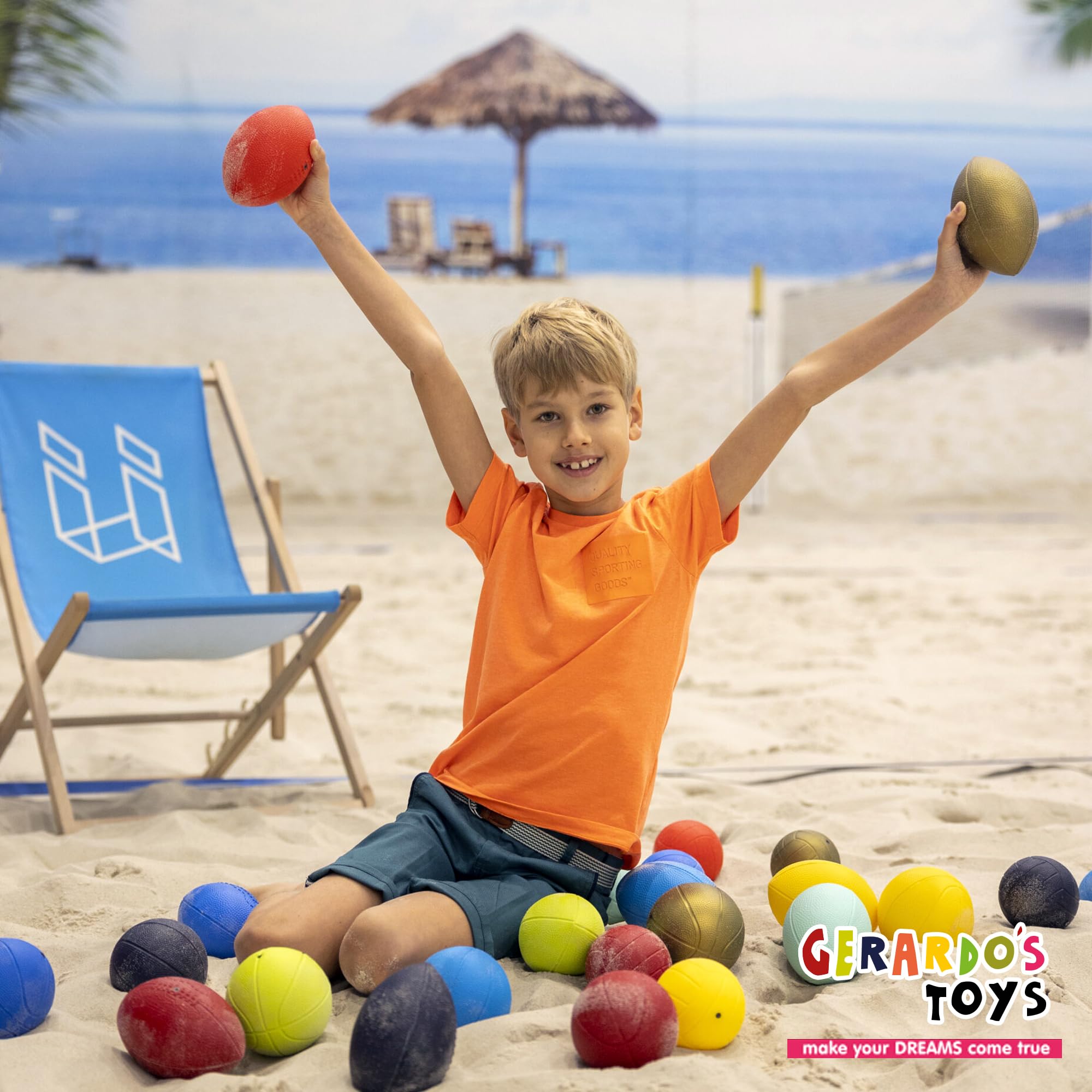 GERARDO'S Toys Lot de 5 Petites balles de Sport différentes – Balle de Massage, Mini Basketball, Mini Football, Ballon de Rugby et Ballon de Volley-Ball, sans BPA et sans phtalates