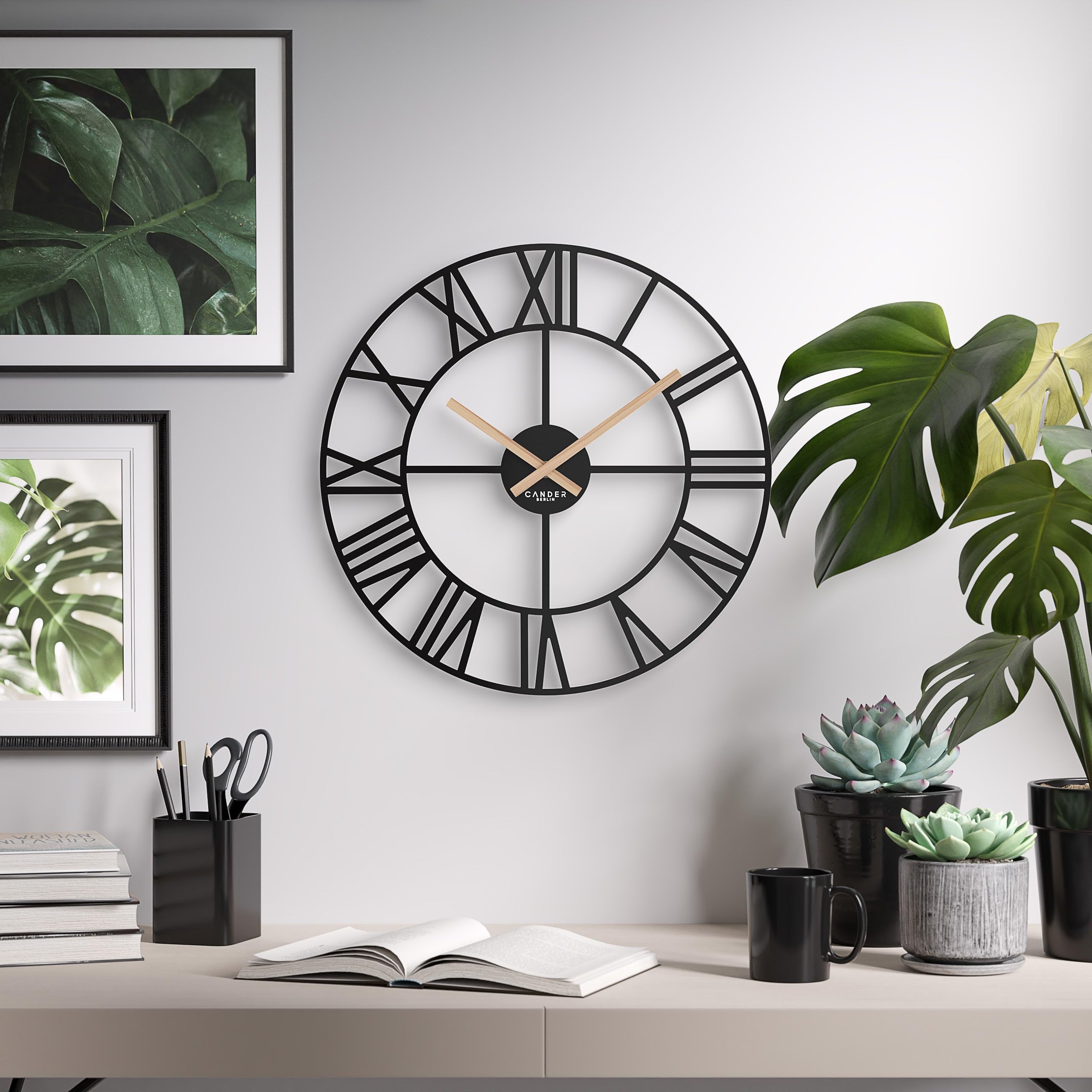 Cander Berlin ALTARA Vintage XXL Wanduhr lautlos 40 cm Metall Holz-Zeiger ohne Tickgeräusche modern schwarz Wohnzimmer