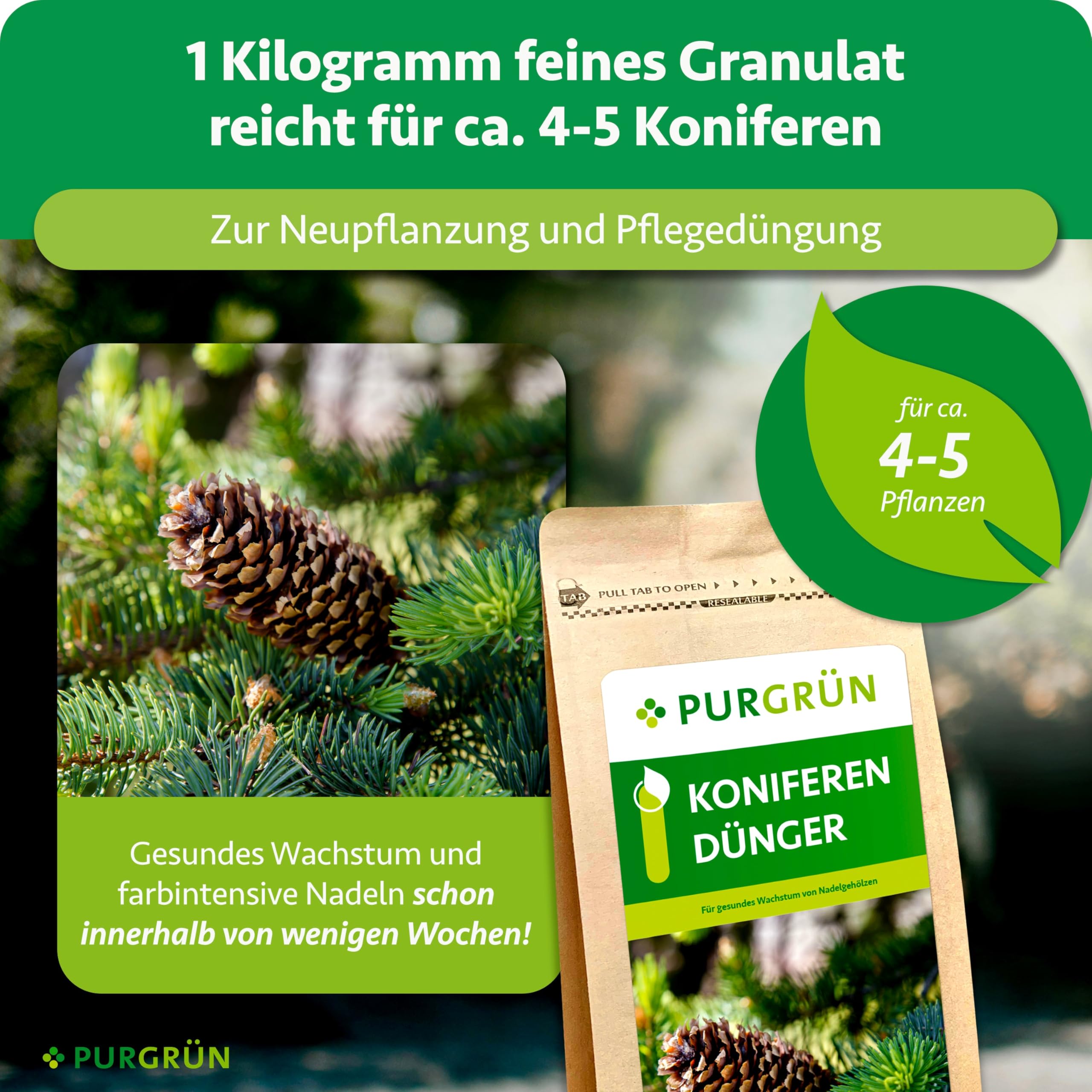 Koniferendünger 1 kg – Extra Magnesium für leuchtend grüne Nadeln – Verbessert die Bodenqualität – Organisch-mineralische Rezeptur – Feines Krümelgranulat – NPK 8+4+5 – Für 4-5 Pflanzen