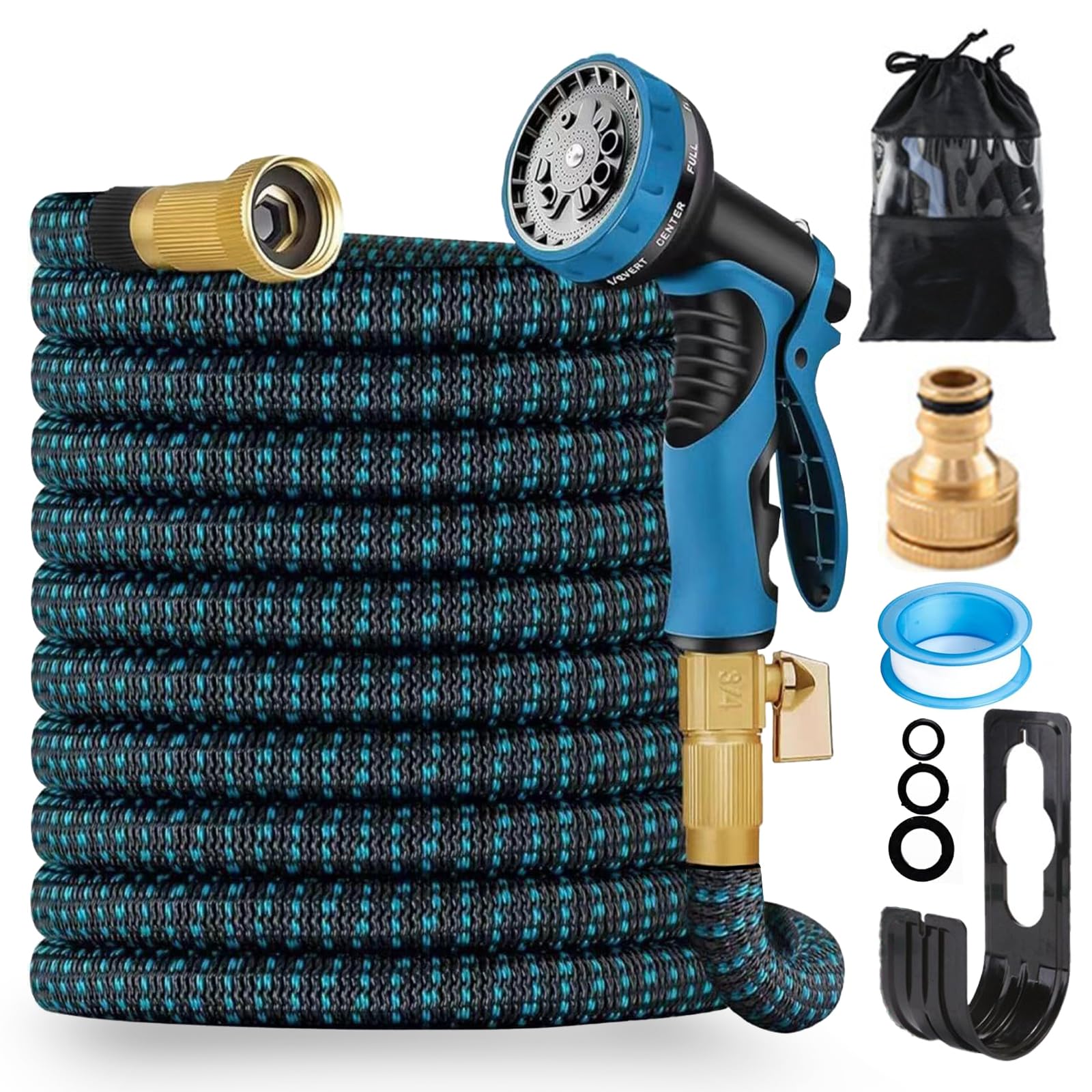 Fascinatdeco Blue 25Ft Expandable Garden Hose Pipe, Flexible Expanding Magic Hose With 1/2" & 3/4" Fittings, Garden Hose With 10 Function Spray Nozzle, Durable 3 Layer Latex Core Hosepipe Anti-Leakage