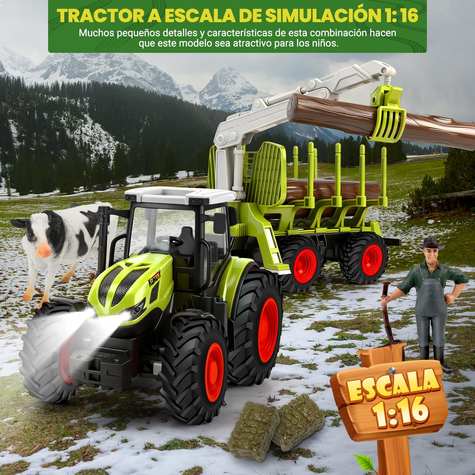 BuzzoXerex Tractor Teledirigido para Niños, 2,4 GHz Tractor RC Juguete con Remolque y Luz, 1:16 Tractores Juguetes para Niños 4, 5, 6 años