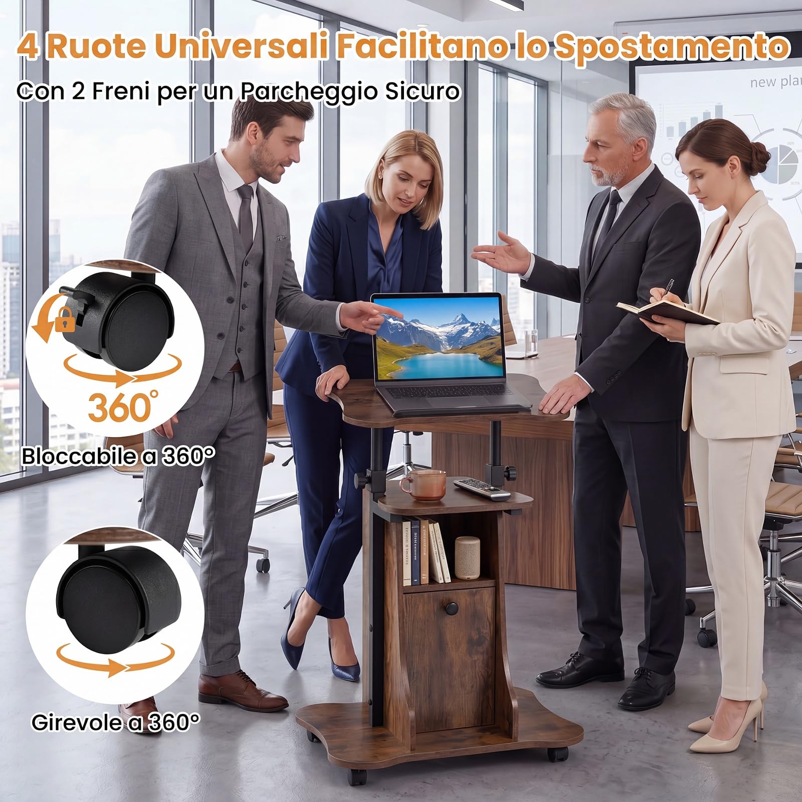 COSTWAY Podio Conferenza, Leggio Regolabile in Altezza con Ruote, Piano Inclinabile, Ripiano, Vano e Armadietto, Scrivania Porta PC per Casa e Ufficio, 55 x 40 x 68,5-91,5 cm