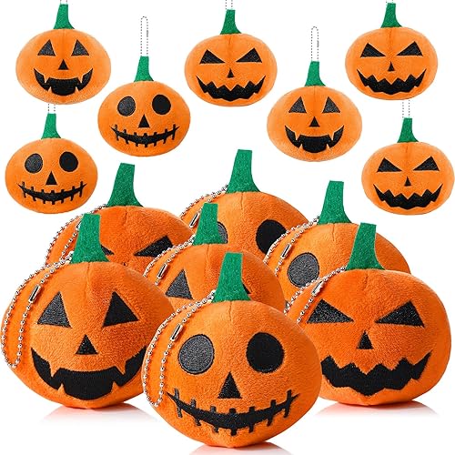 12 juguetes de peluche de calabaza de Halloween de 3.2 pulgadas, peluche de calabaza suave, adornos de Halloween con expresión de terror para