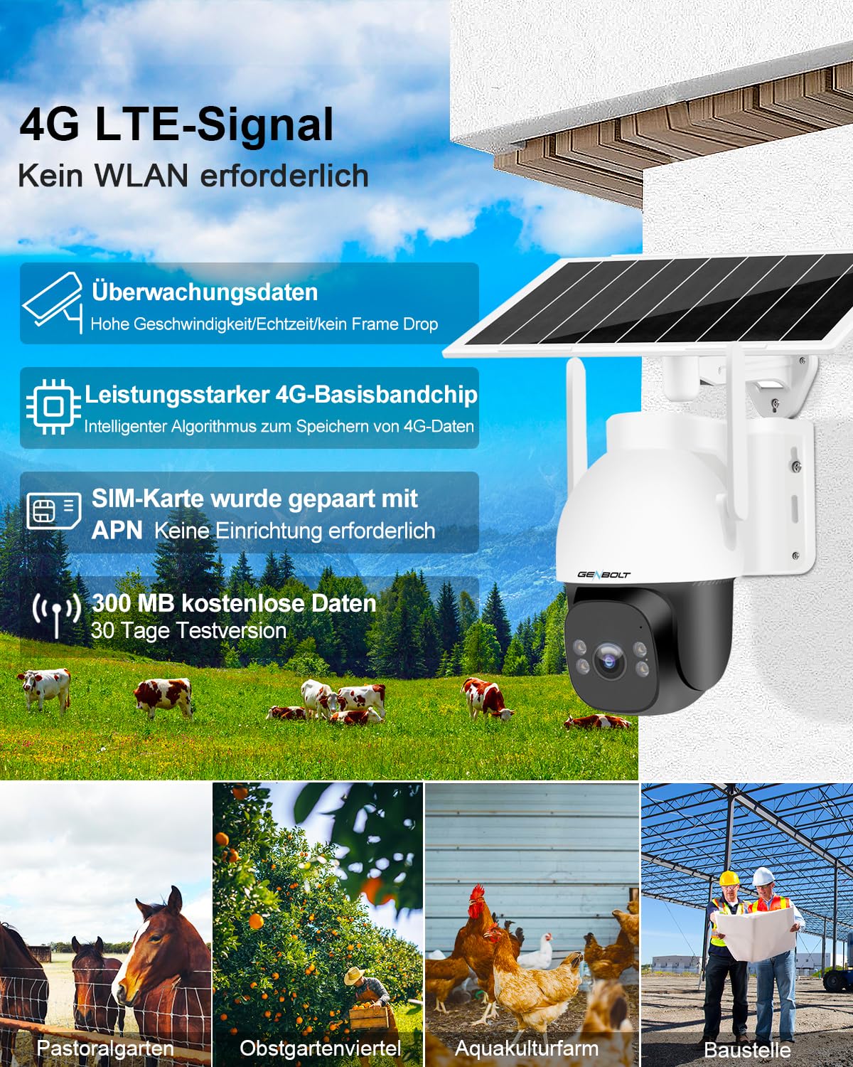 GENBOLT 4G LTE Solar Überwachungskamera Aussen mit SIM Karte, 24/7 Aufzeichnung AOV, 2K IP Kamera Outdoor Ohne WLAN, F1.0-Blende, 15600mAh Akku 8W Solarpanel, Vollfarbige Nachtsicht, 90FT KI-Erkennung