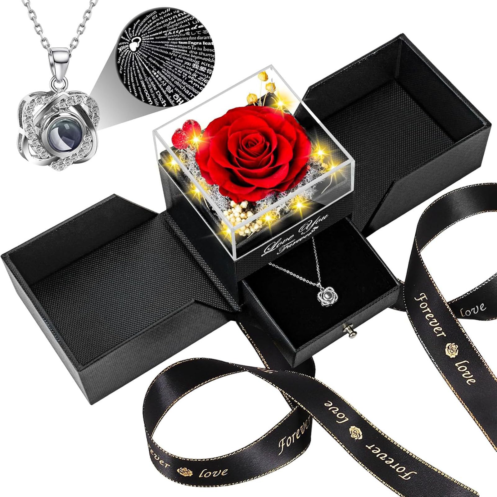 Lebana Preserved Real Red Rose Birthday Gifts for Women Wife Her Mum Girlfriend Girls Grandma with I Love You Heart Necklace Eternal Rose Flowers on Valentine's Day Mothers Day Christmas Anniversary