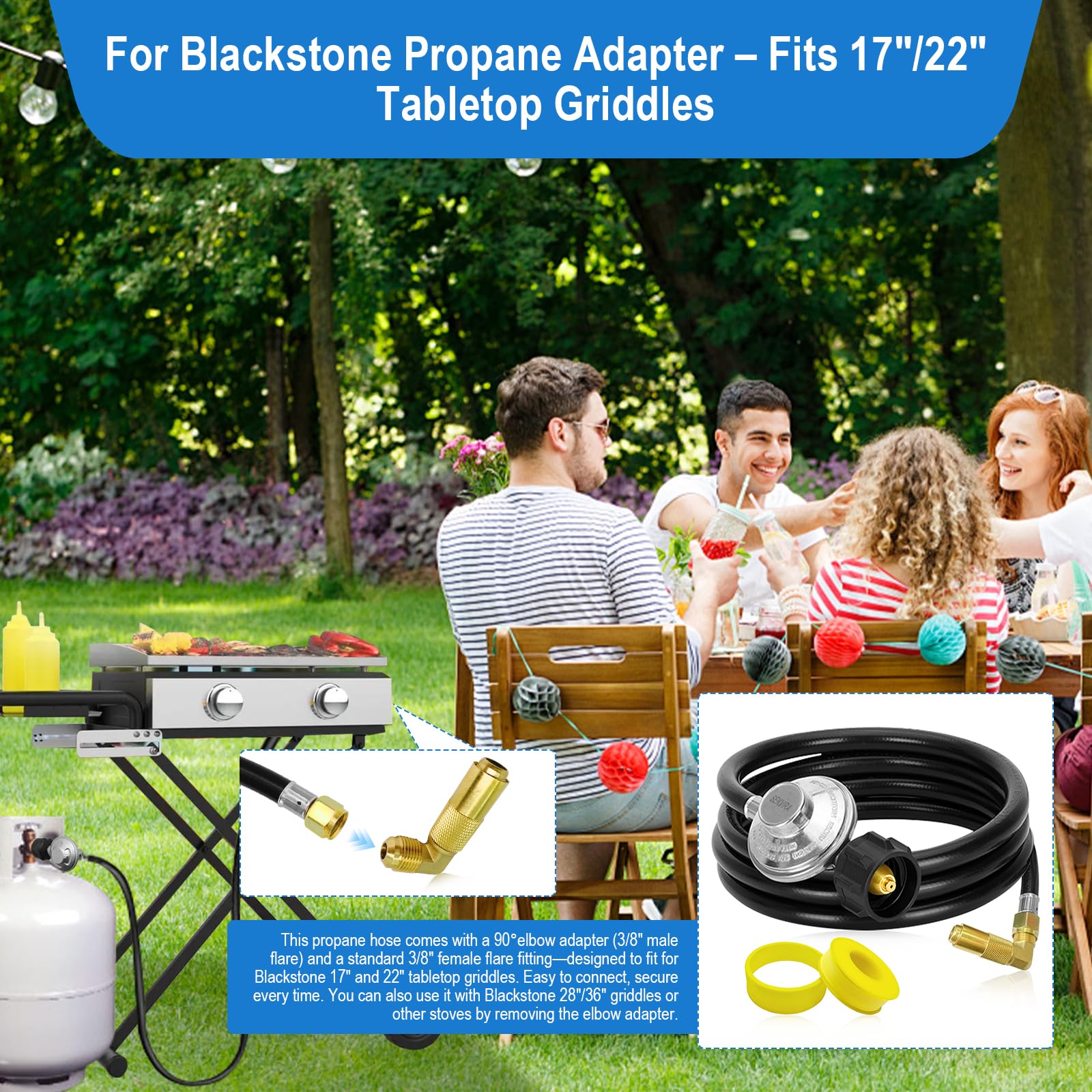 Wąż i regulator adaptera propanu 1,5 m z adapterem kolankowym 90° do węża adaptera propanu Blackstone, do Blackstone 43.2 cm, 55.9 cm, 71.1 cm, 91.4 cm, do rusztu stołowego od 0,5 kg do 9 kg lub