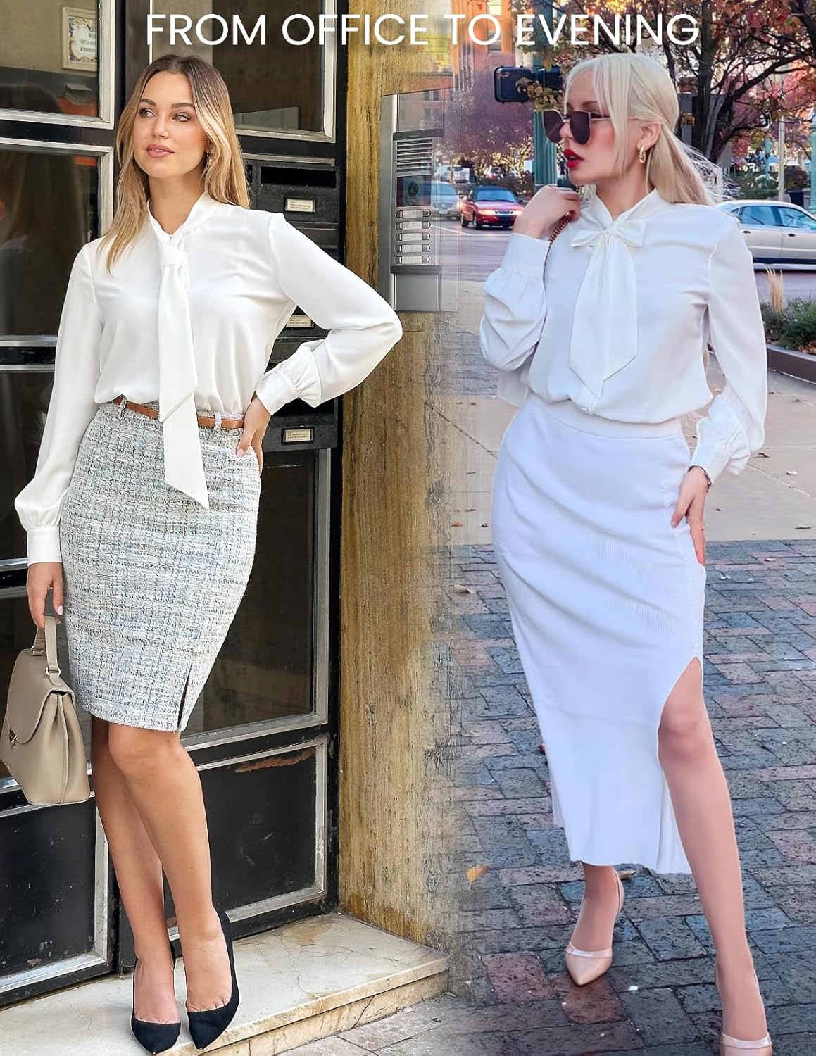 Kate Kasin Women Bow Tie Neck Office Blouse Button Down Long Sleeve Bodysuits Blouse Top - Image 3