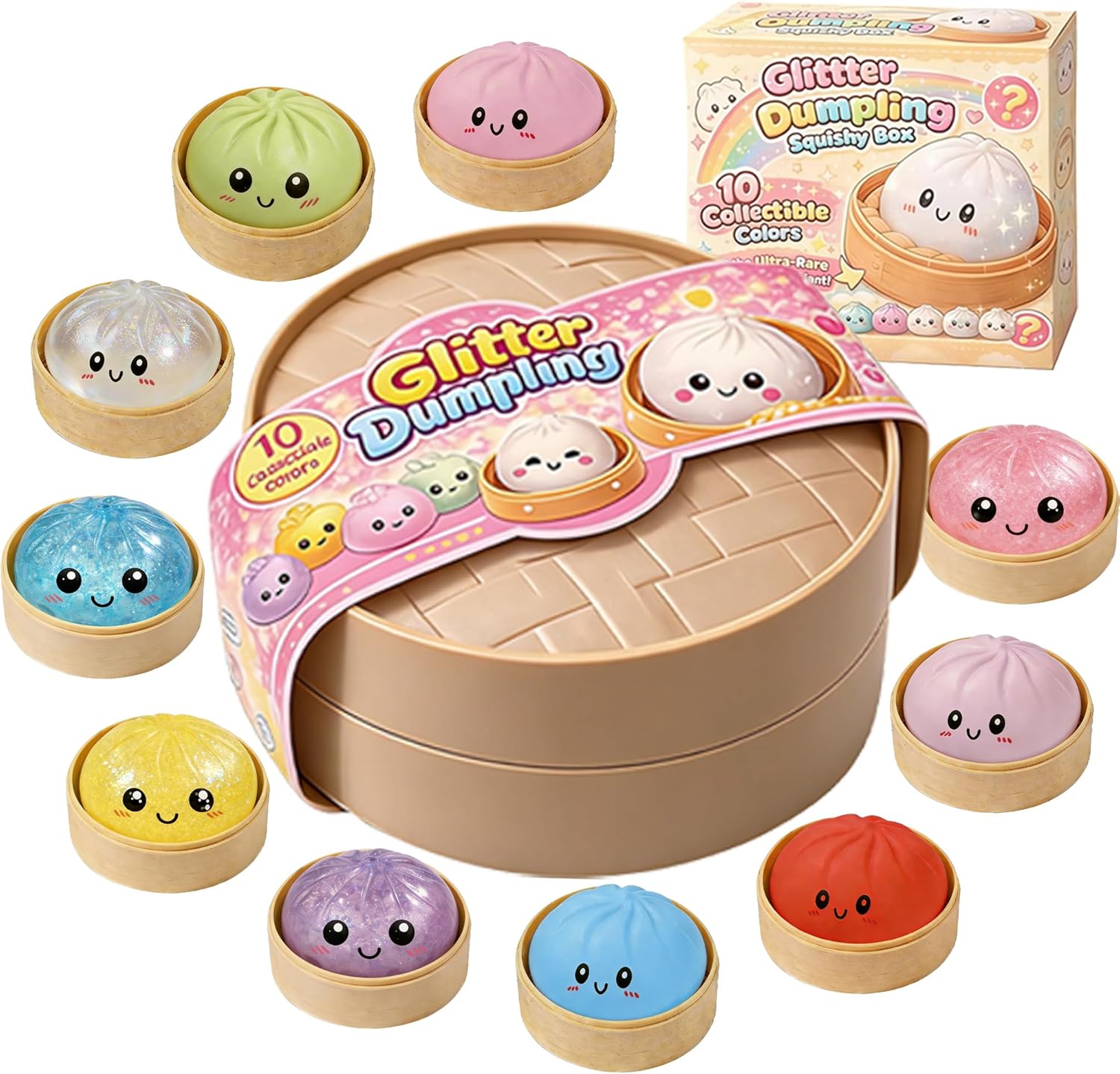 Glitter Dumpling Squishy with Box, 10 Colors Random Glitter Dumplings Anxiety Relief Soft Squeeze Surprises Gift (Random-4pcs)