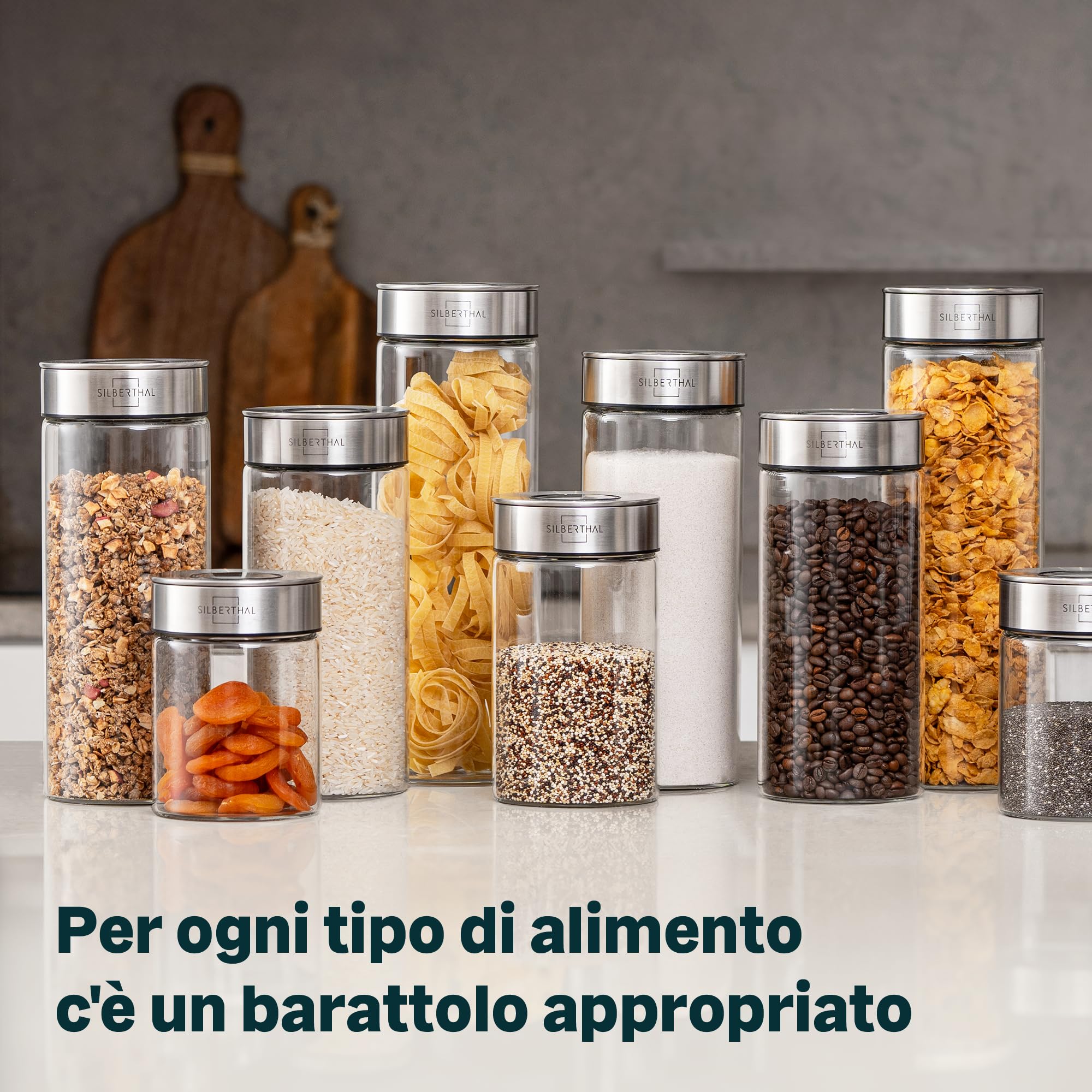 SILBERTHAL Set 6 barattoli vetro ermetici e antitarme - Per dispensa cucina impilabili - 1,7+1,5+1,3+1+0,7+0,4L