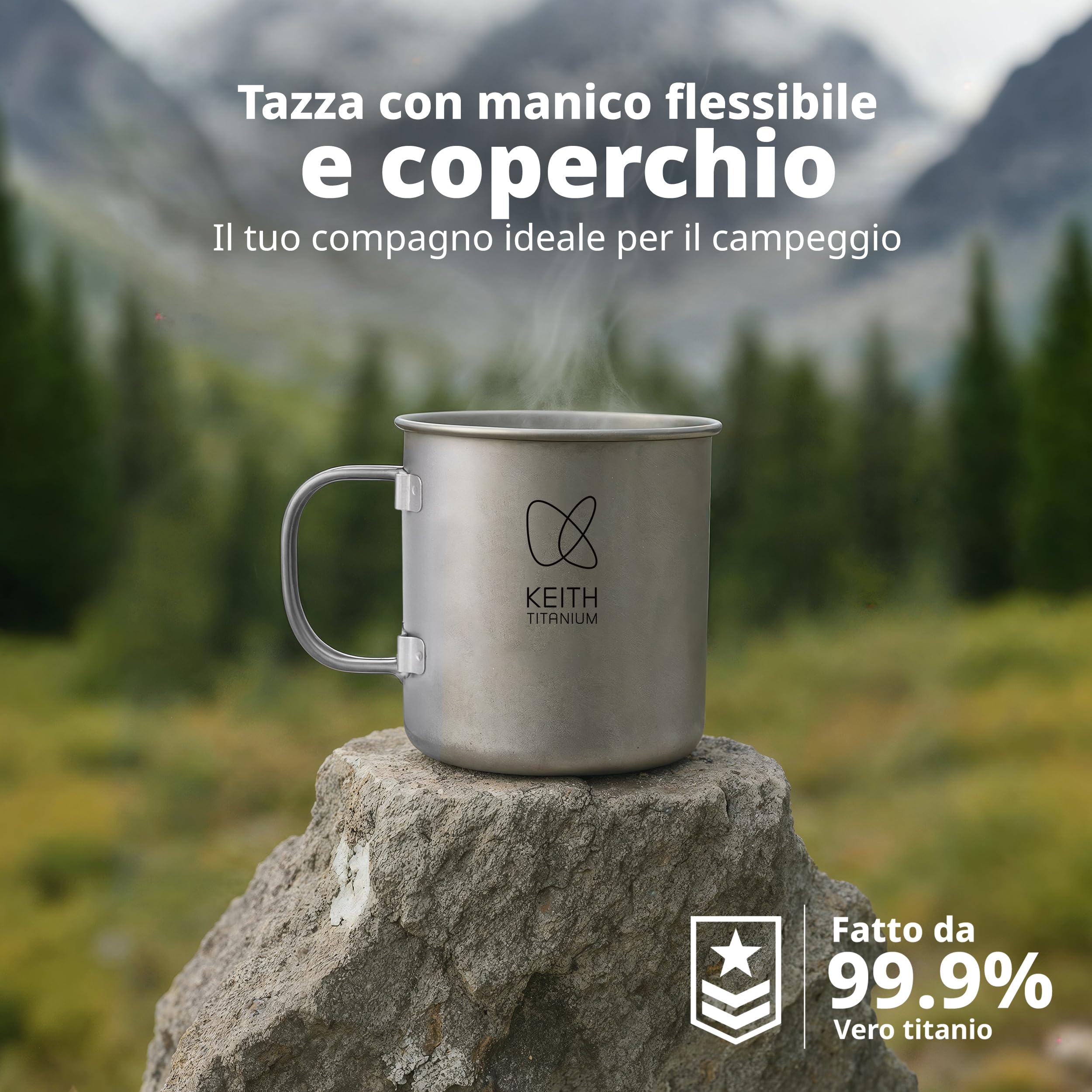 Keith Tazza in Titanio 450 ml Ti3204 con Coperchio e Manico Pieghevole, Leggera e Resistente, Ideale per Tè e Caffè in Campeggio, Trekking, Picnic, Gavetta Scout e Viaggi Outdoor