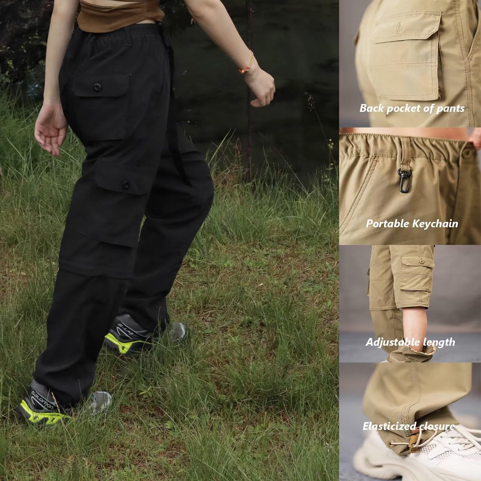 Damen Wanderhose Zip Off Hose Outdoorhose Schnelltrocknend Trekkinghose Abnehmbare Hosenbeine Shorts Atmungsaktiv Cargohose Sommer Hiking Pants Funktionshose mit Gürtel 6 Taschen