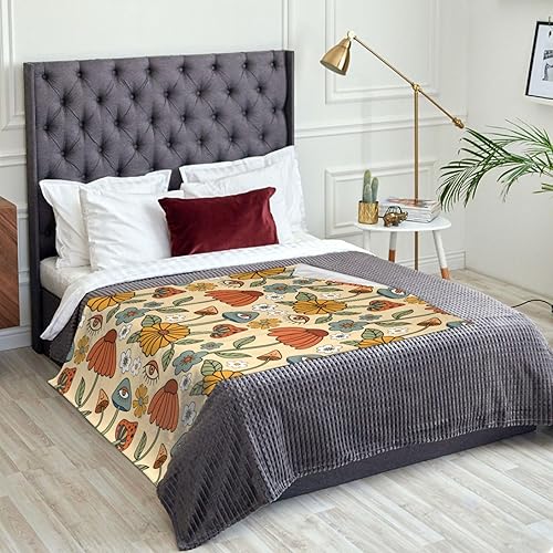 Miniatura 4 de Manta de hongos florales retro de los años 70, suave y ligera, acogedora manta de franela para sofá, viajes, habitación del hogar, dormitorio,