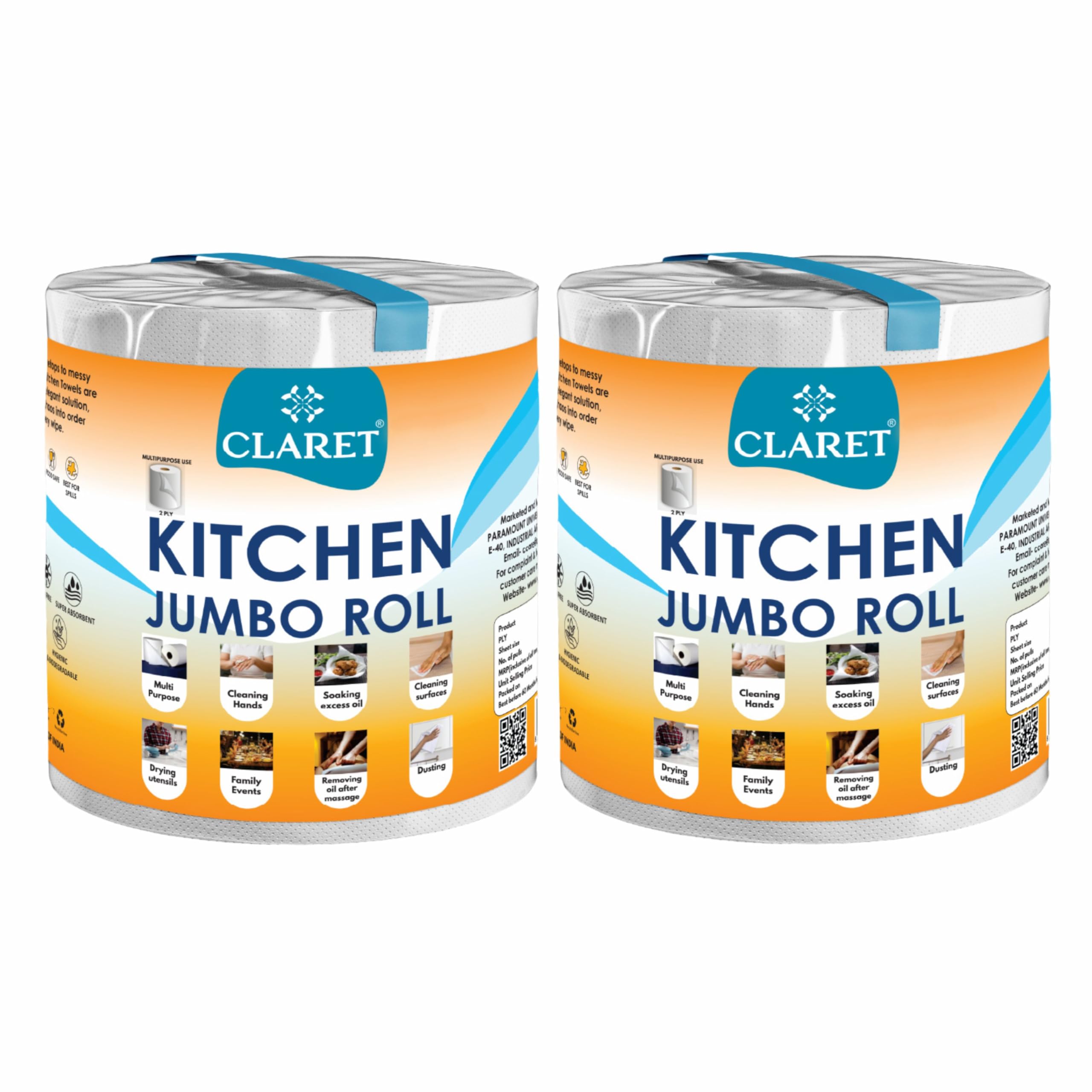 Claret Kitchen Jumbo Towel Tissue Paper Roll Napkin 300 Pulls Each Roll | Soft & Highly Absorbent | 100% Natural | 2 Ply | Pack of 2 Roll | Ideal For Cleaning Kitchen Accesssories Microwave & OTG-image-32