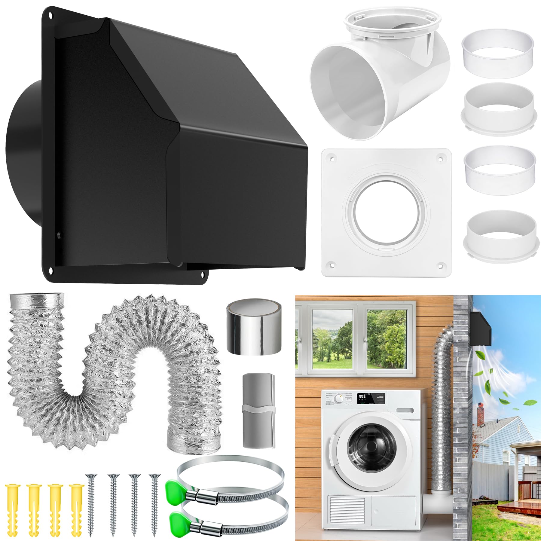 4 inch Dryer Vent Connector Kit, 90 Degree Dryer Vent Elbow, Dryer Wall Vent Cap with Hose(4 inch 5FT) Indoor Vent Duct Adapter, Outdoor Vent Cover for Tight Space