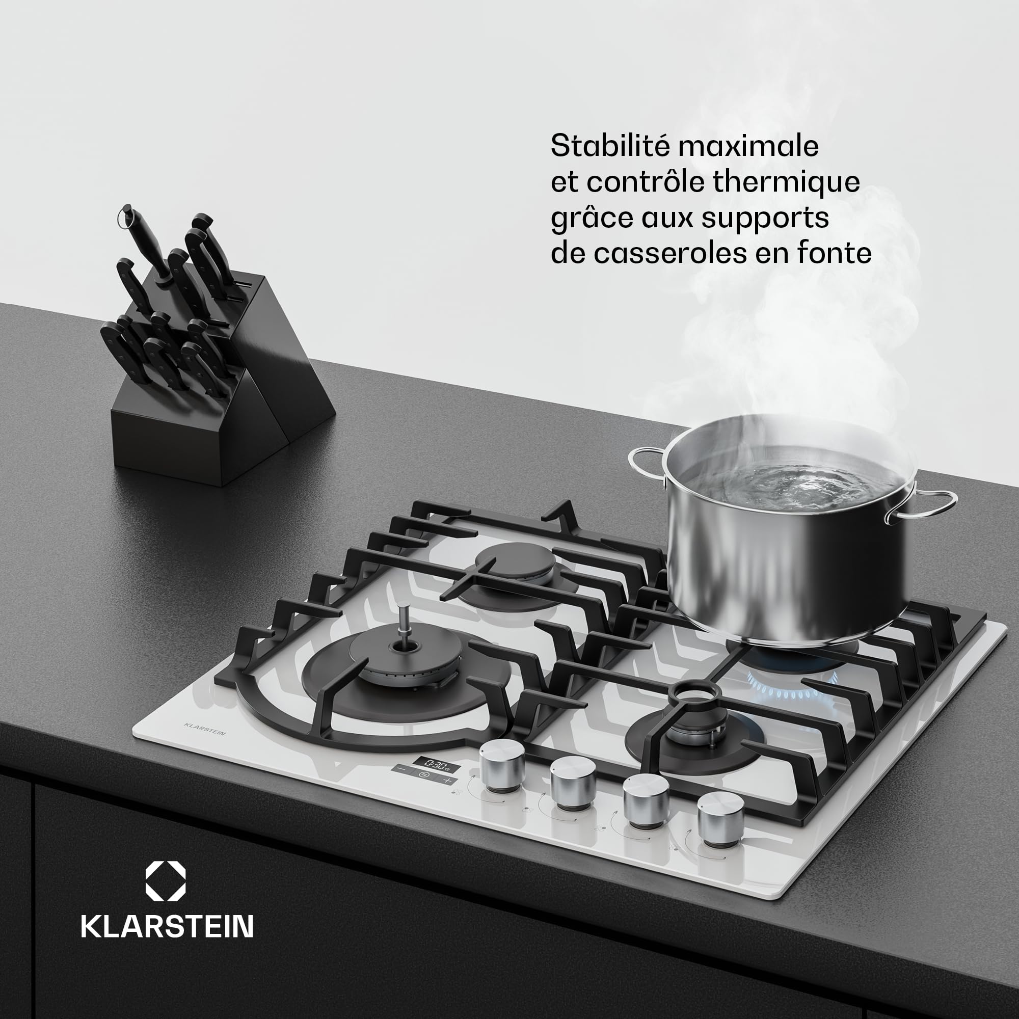 Klarstein Ignito Plaque de Cuisson Gaz, 4 Brûleurs Aluminium, 8000W, Minuterie, Sécurité Flamme, Fonte, Allumage Électrique, 60x51cm, Plaque Gaz GPL & Naturel, Blanc