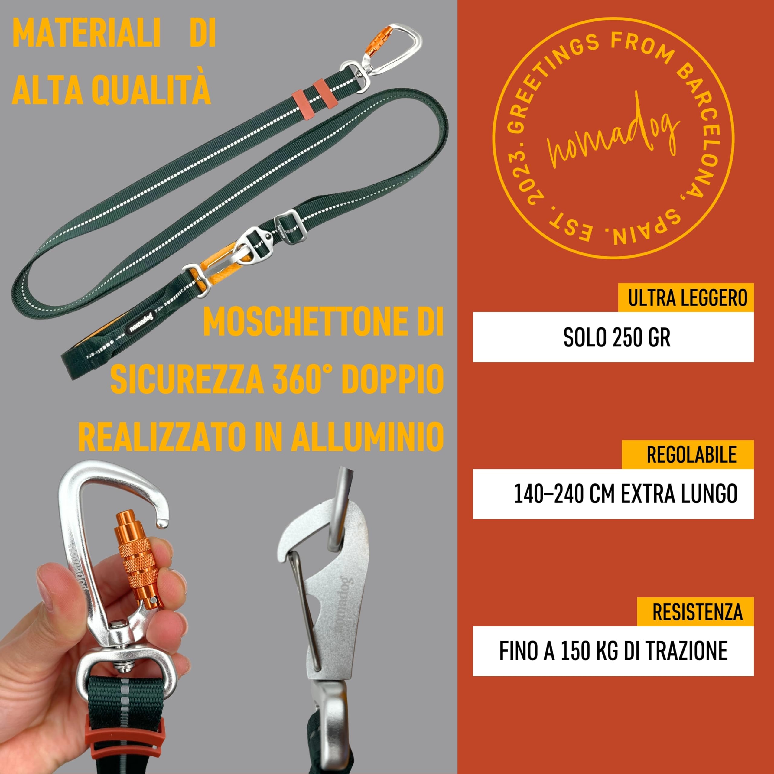Nomadog Trailblazer Guinzaglio per Cani Multifunzionale 6-in-1 - Guinzaglio Doppio Moschettone Girevole a 360° in Alluminio, Regolabile 1,4-2,4 m, Riflettente - Ideale per Escursioni